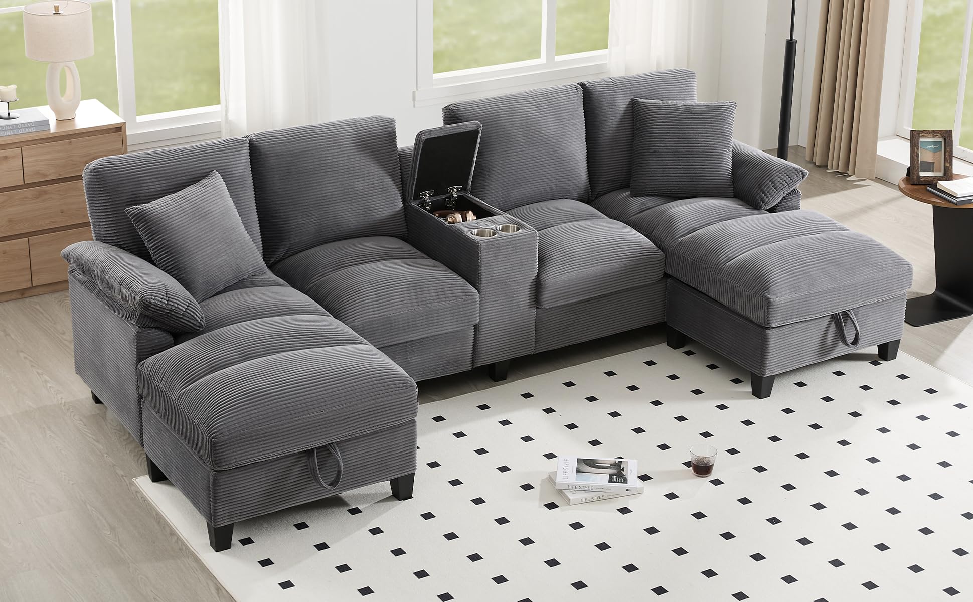 Azkoeesy - Sofá de 4 plazas con 2 reposapiés y espacio de almacenamiento, consola con 2 portavasos y enchufe, 293 cm, forma U, tapizado en pana, adecuado para sala de estar, dormitorio y apartamentos