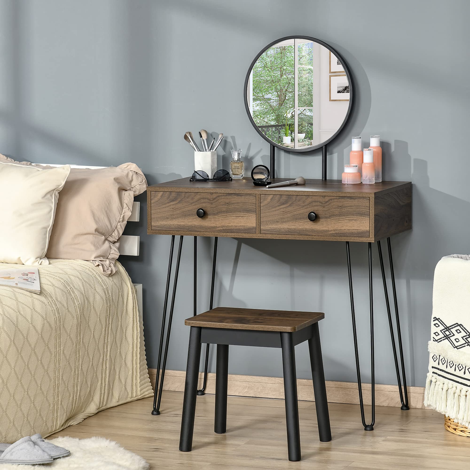 HOMCOM Postazione Trucco in Stile Industriale, Toeletta Trucco in Legno | Con Sgabello e Specchio, Postazione Makeup in Metallo per Camera da Letto