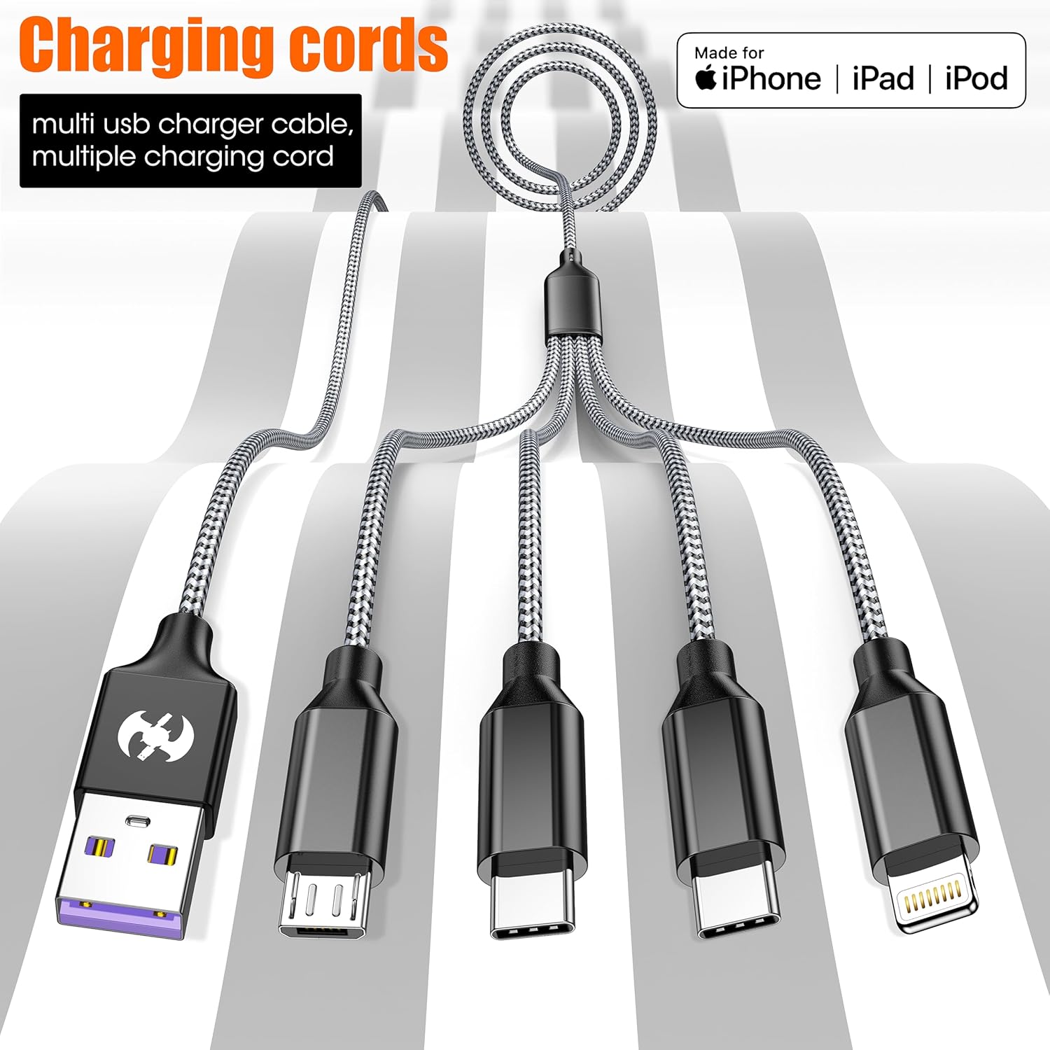 Multi Charging Cable 4ft 2Pack, Doub Tyep-C 4 in 1 Charging cable Nylon Braided Lightning iPhone Charger,Universal Charger Phone Cord With Type-C,Micro USB,IP Port for iPhone17-5/Android -Black Grey