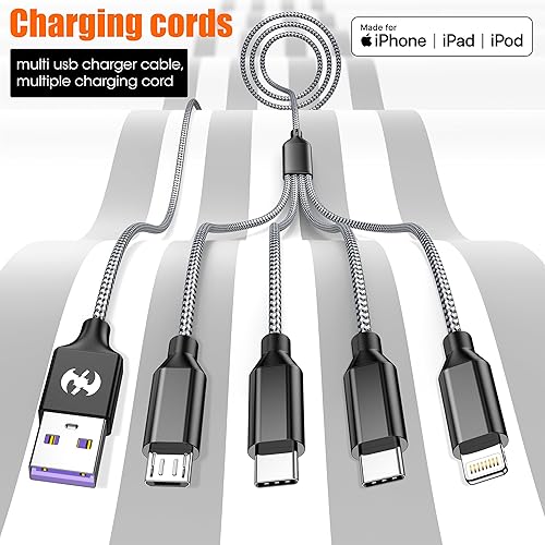 Miniatura 5 de Paquete de 2 cables de carga múltiple de 4 pies, cable de carga 4 en 1 de nailon trenzado, cargador de teléfono universal con tipo C, micro USB,