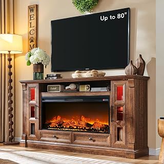 OKD Fireplace TV Stand for up-to-80 TV, Farmhouse 36" Tall Entertainment Center with 42" Electric Fireplace, Media Console with Glass Door Cabinets & Drawers for Living Room, Reclaimed Barnwood