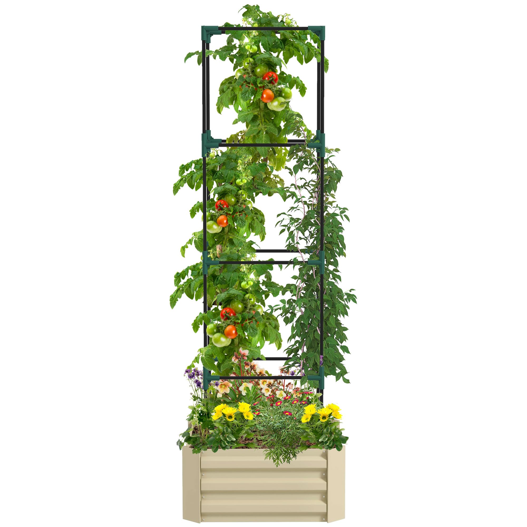 Outsunny Galvanized Raised Garden Bed, 73.5" Tall Outdoor Planter Box with Trellis Tomato Cage and Open Bottom for Climbing Vines, Vegetables, Flowers