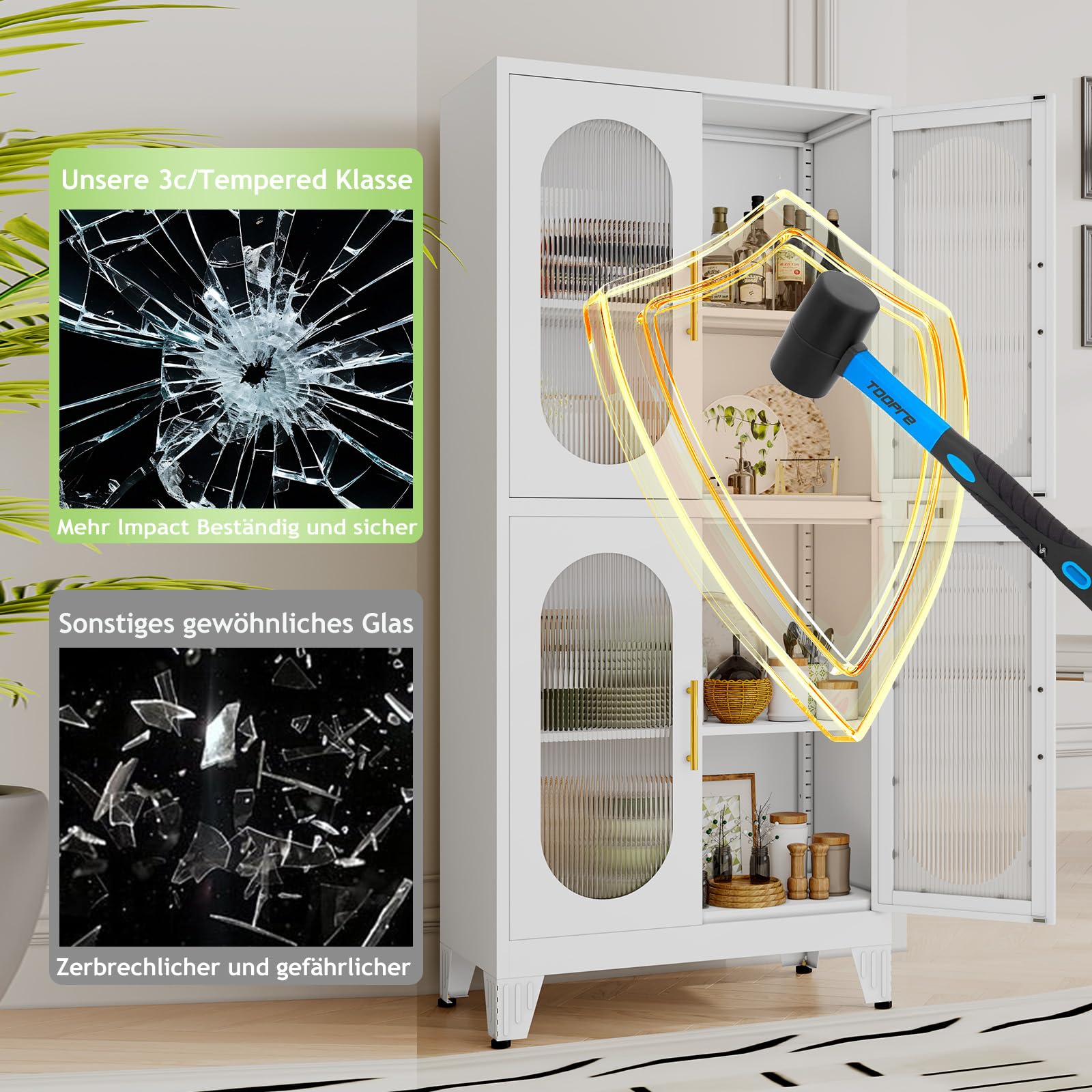 155㎝ H Metallküche Speisekammer Aufbewahrungsschrank, freistehender Schrank mit 4 Acrylglastüren und 2 verstellbaren Regalen, stehende Aufbewahrung für Küche, Bad, Garage oder Esszimmer (Weiß)