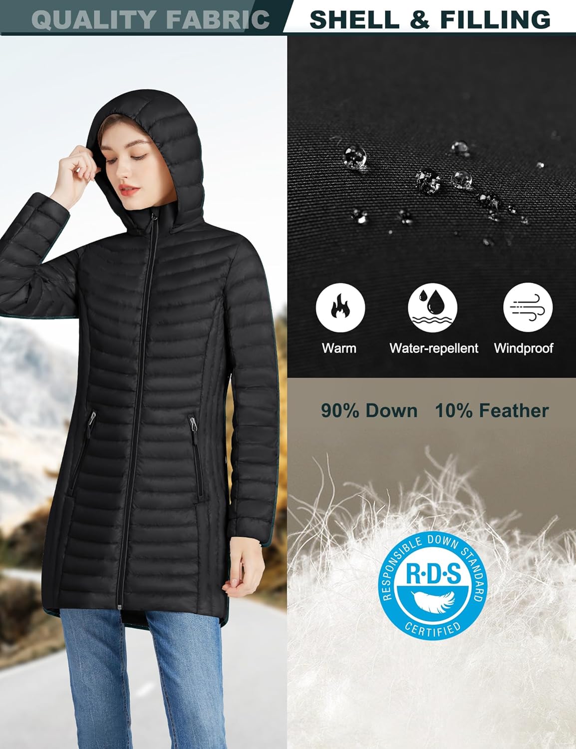 ANOTHER CHOICE Women Ultralightweight Down Coat, Winter Puffer Jacket with Detachable Hood Stretchy Panel Rollable - Image 4