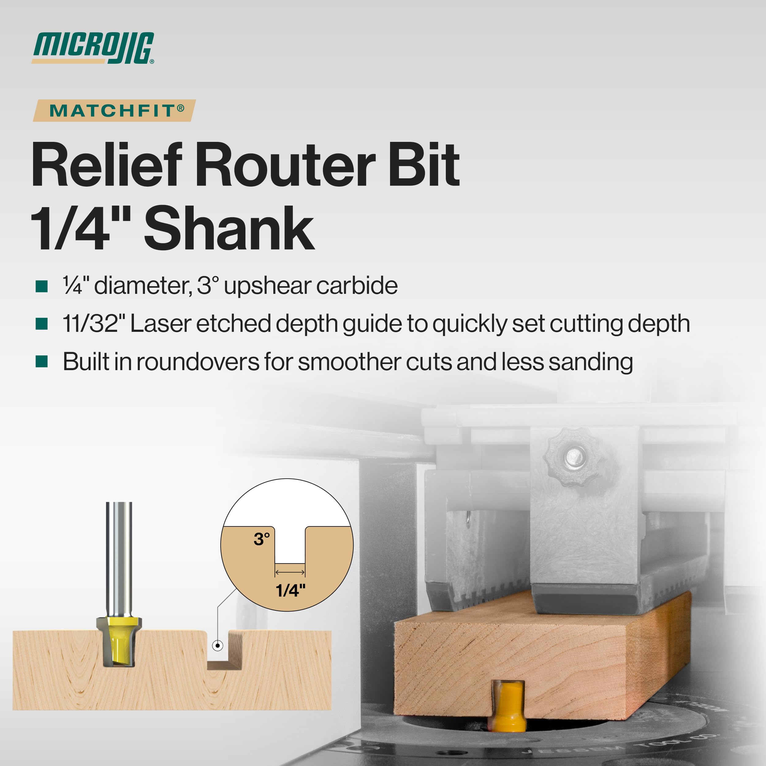 Microjig MatchFit 1/4" Relief Bit (1/4" Shank), Straight Grooving Router Bit for Dovetail Tracks, ‎MB-025-025ST, Yellow
