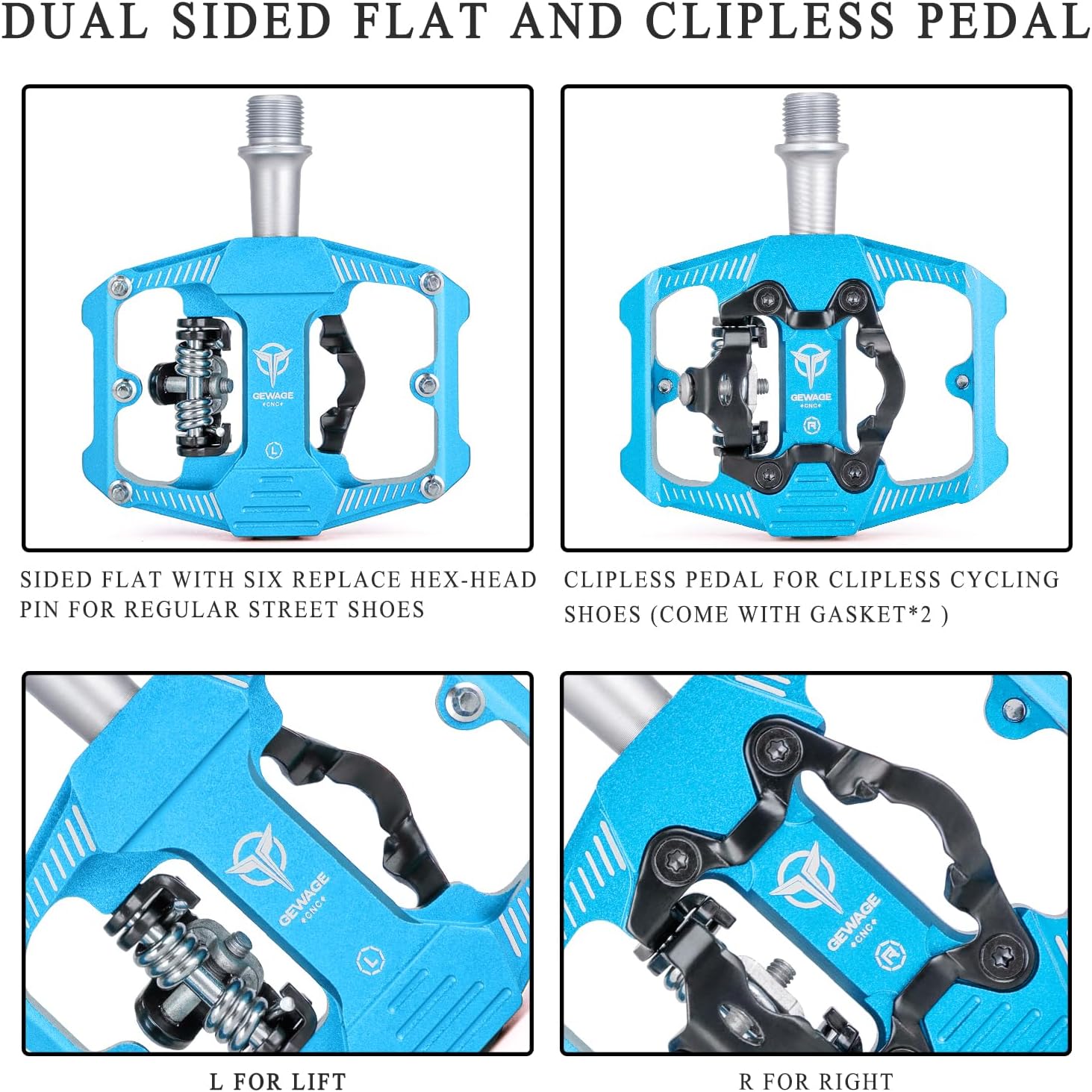 Mountain Bike Pedals - Dual Function Flat and Clipless Pedal - 3 Sealed Bearing Platform Pedals Compatible with SPD, Bicycle Pedals for BMX Spin Exercise Peloton Trekking Bike