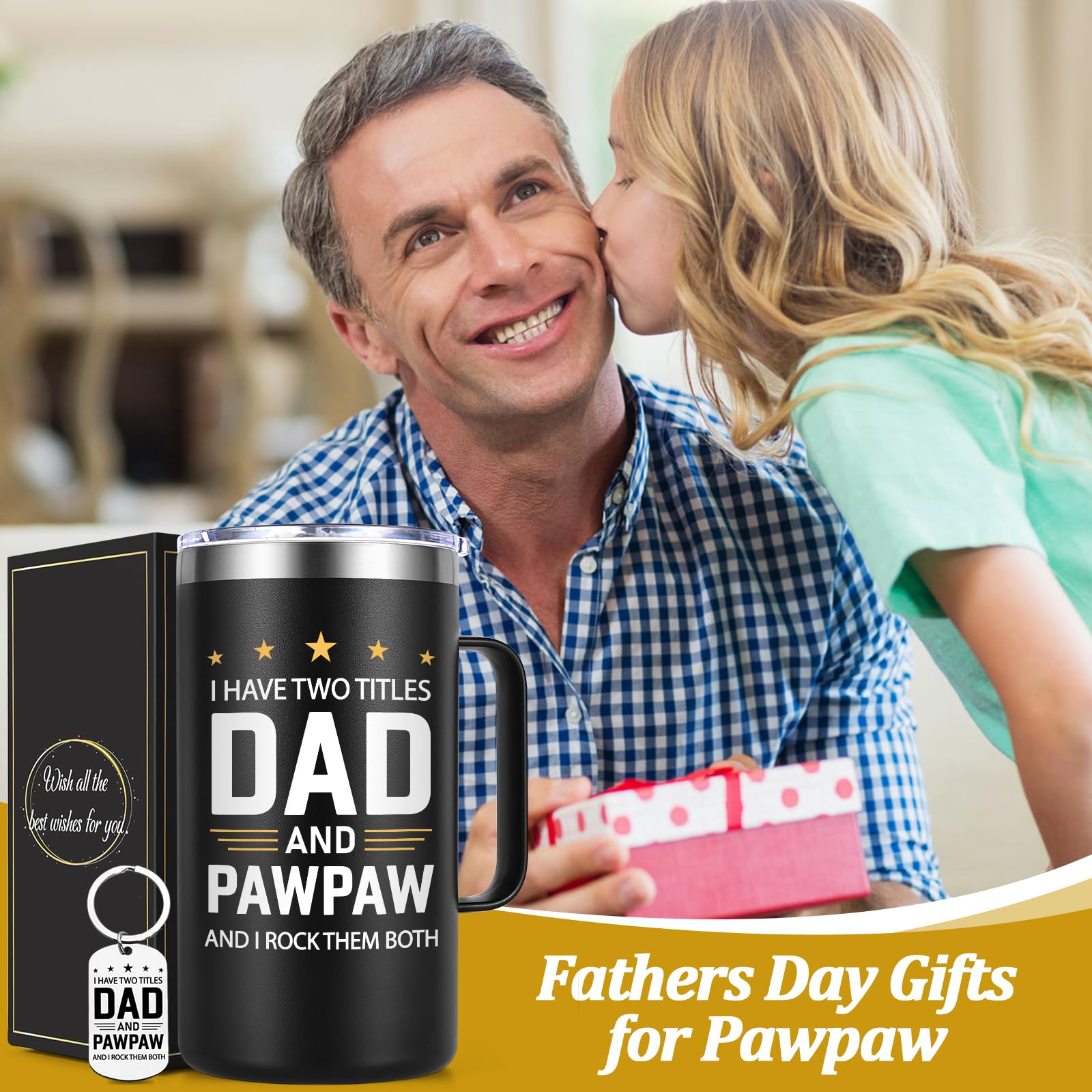 Lifecapido Pawpaw Fathers Day Gift, I Have Two Titles Dad And Pawpaw I Rock Them Both 20oz Insulated Coffee Mug with Keychain, Birthday, Fathers Day Gift, Black