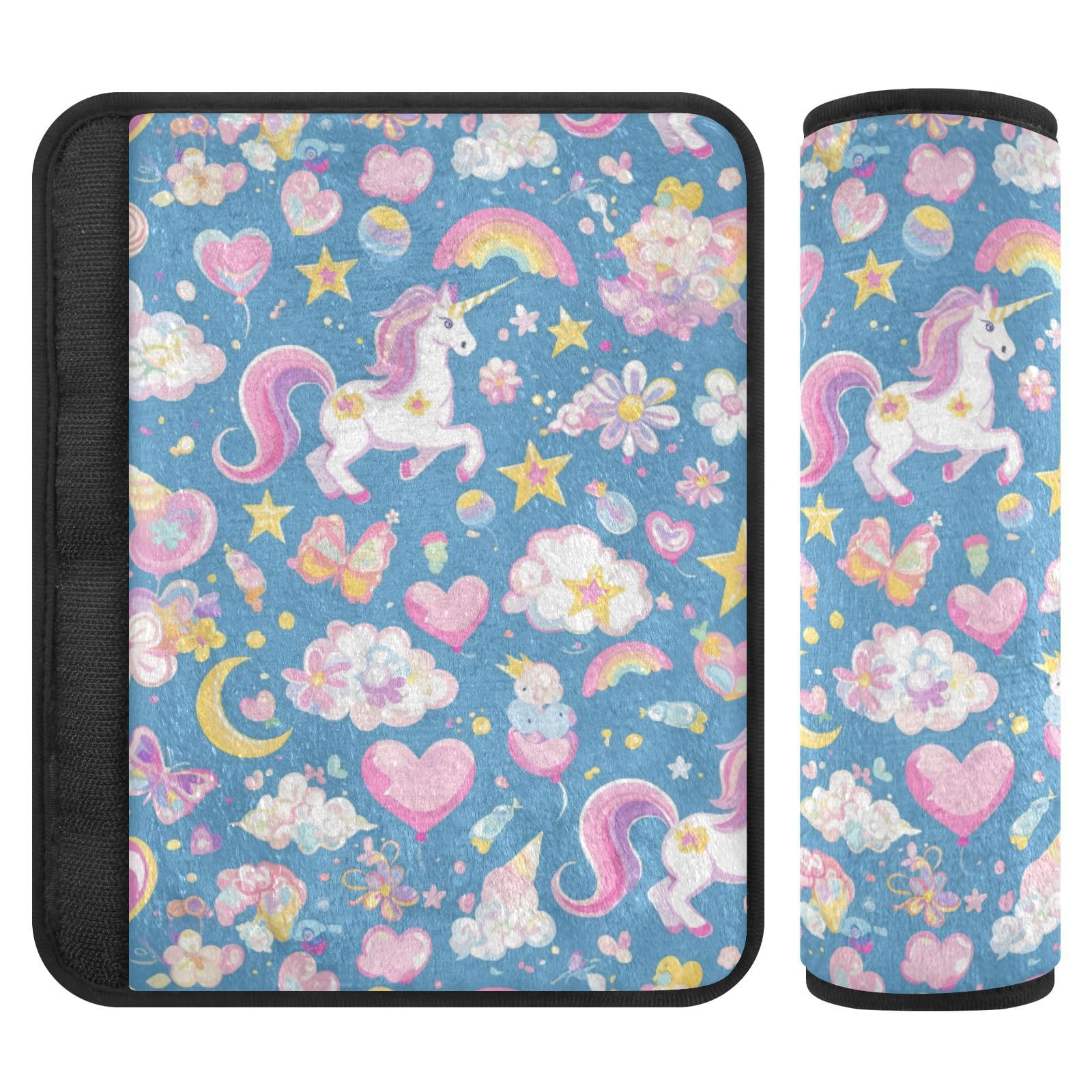 Seat Belt Covers 2 Pack White Unicorbs Stars Car Seat Strap Covers Super Soft Flying Hearts Flowers Car Seat Neck Cover for Boys Girls Adults Babies S