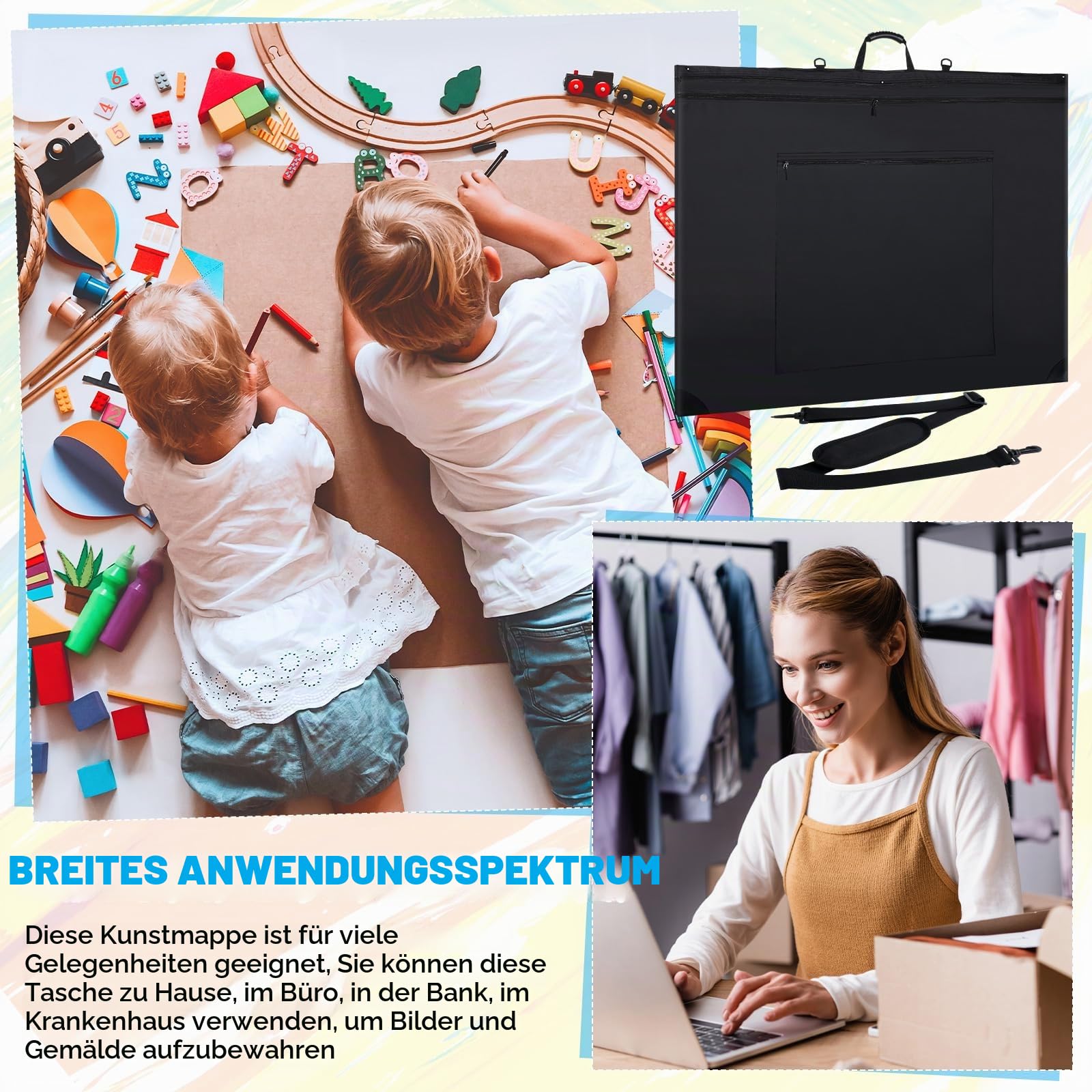 Huhumy 121,9 x 91,4 cm große Kunst-Portfolio-Tasche mit Schultergurt, Leder-Ecken, wasserdicht, Künstler-Portfolio-Kunst-Portfolio-Tragetasche zum Zeichnen, Skizzieren, Poster, Kunstwerke, schwarz