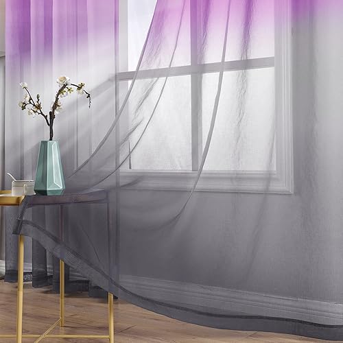 Miniatura 3 de KOUFALL Decoración estética de habitación púrpura para dormitorio, diseño translúcido degradado, cortinas de lujo con patrón gris ciruela para sala