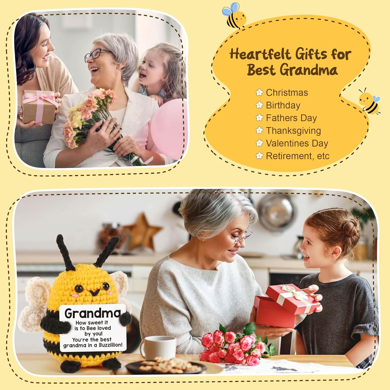 Grandma Gifts Mothers Day for Grandmother, Easter Basket Stuffers Easter Egg Birthday Gifts for Grandma from Granddaughter Grandson, Cute Crochet Bee Gift Mother's Day Grandparents Day for Gigi Nana