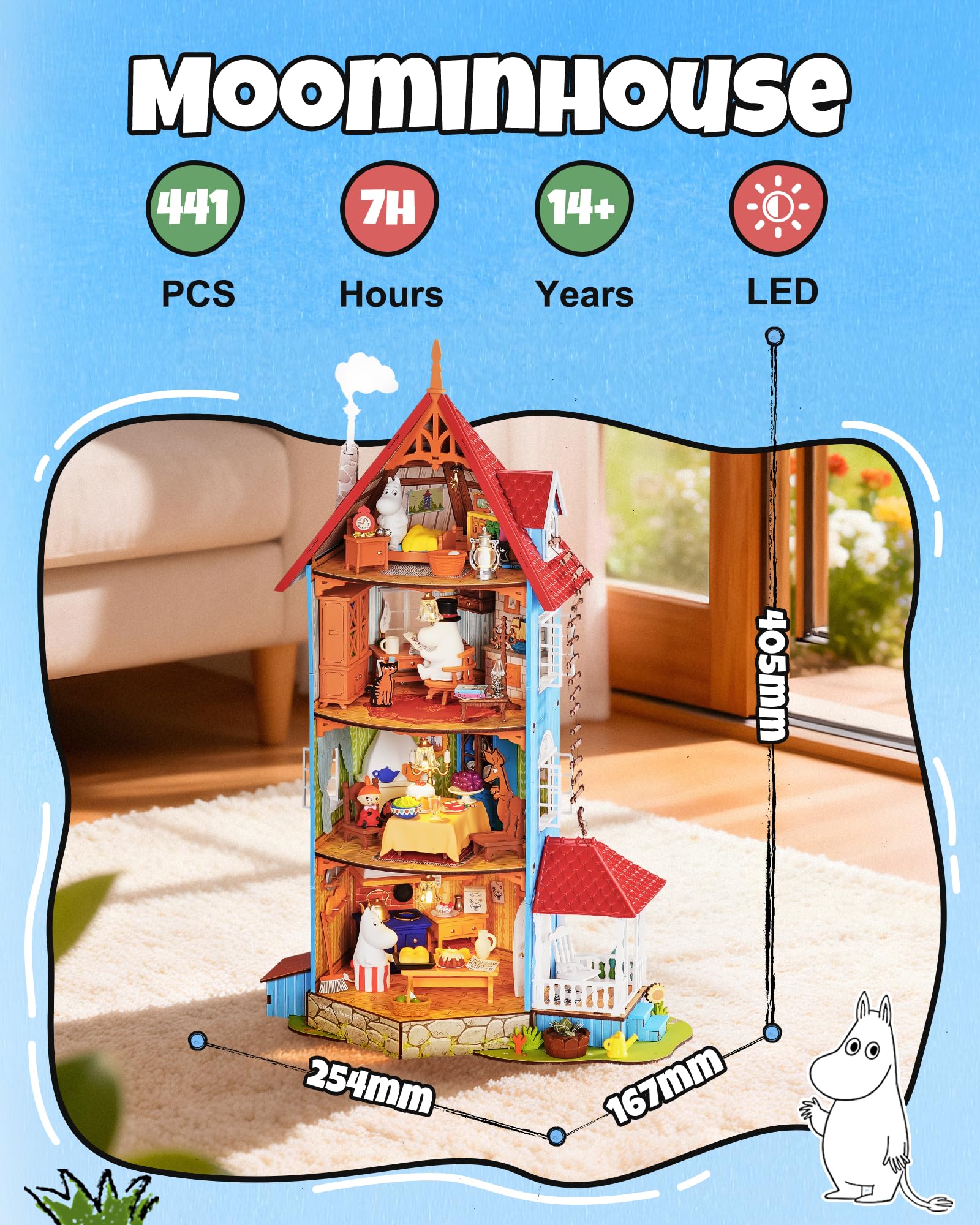 Rolife Muminhaus Miniaturhaus Bausatz, Mumintal Puppenhaus mit LED Beleuchtung, Kreatives Geschenk für Weihnachten und Geburtstag, 7 Stunden