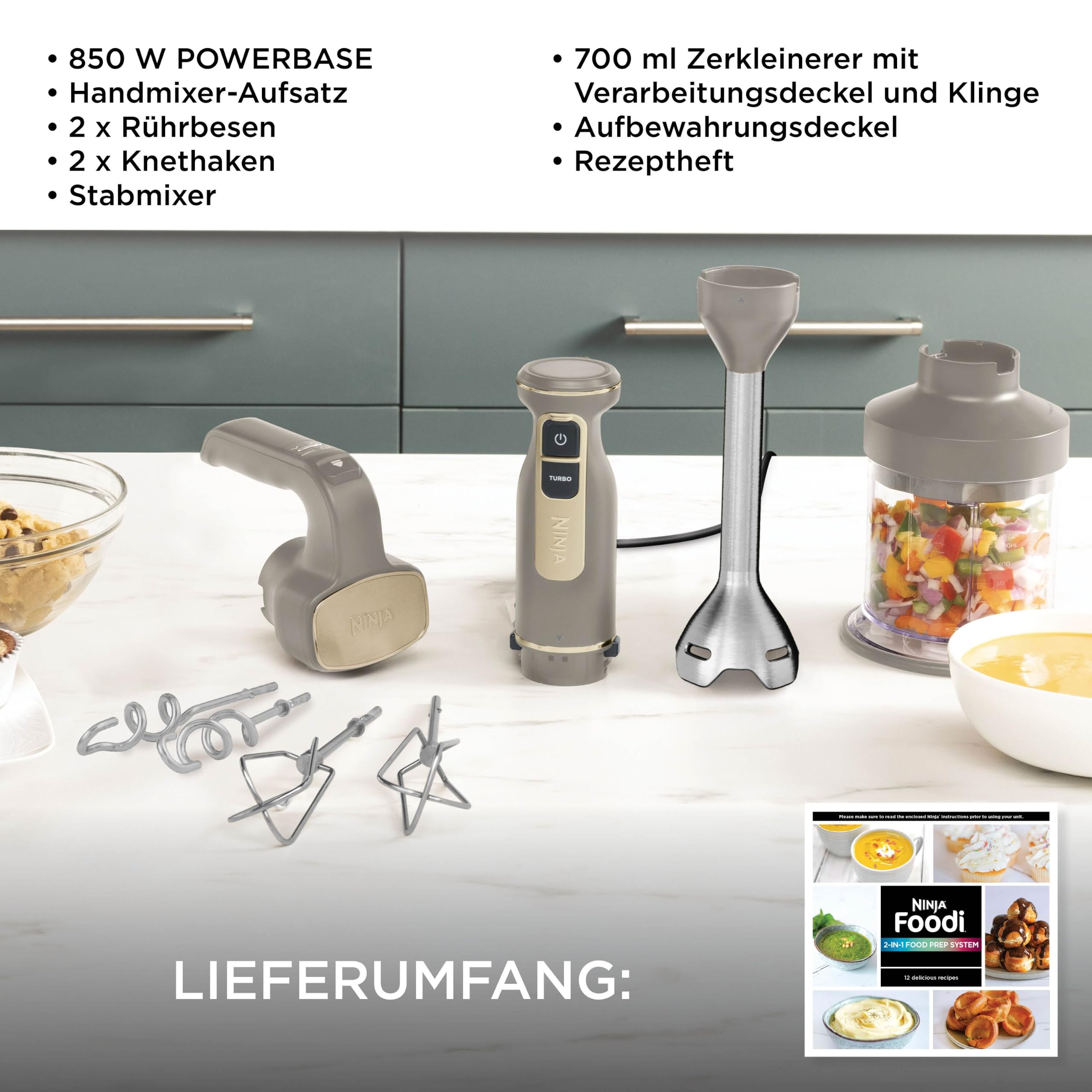 Ninja Foodi 3-in-1 Stabmixer Stufenweise Anlauf, 2 Misch-und 5 Rührgeschwindigkeiten zum Zerkleinern, Mischen, Kneten und mehr, spülmaschinenfest, Stone Gold CI100EUSTGD