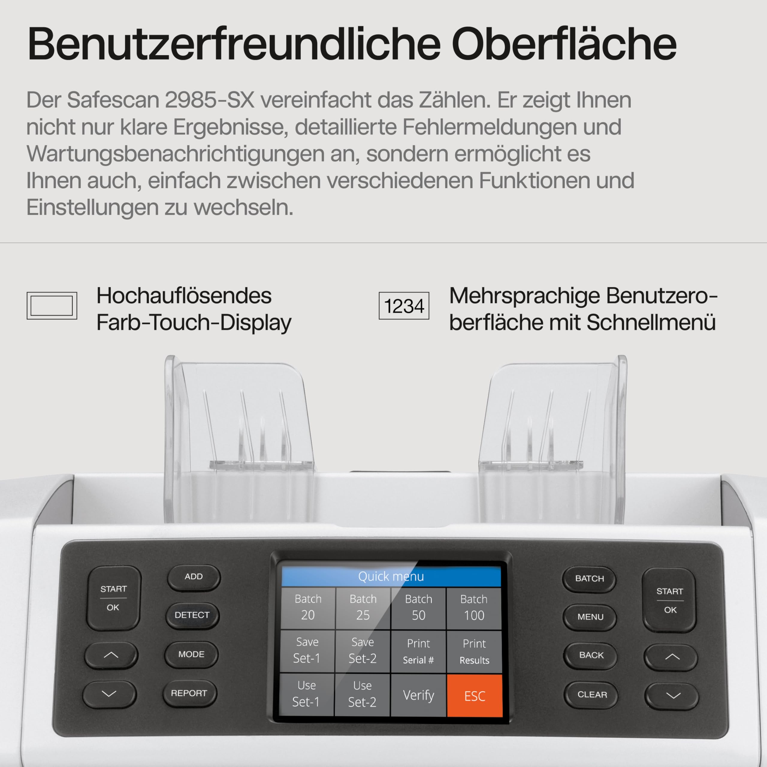 Safescan 2985-SX Geldzählmaschine, Wertzählung und Sortierung von gemischten Banknoten - Banknotenzähler mit 7-facher Echtheitprüfung - Geldzählmaschine mit Sortieroptionen