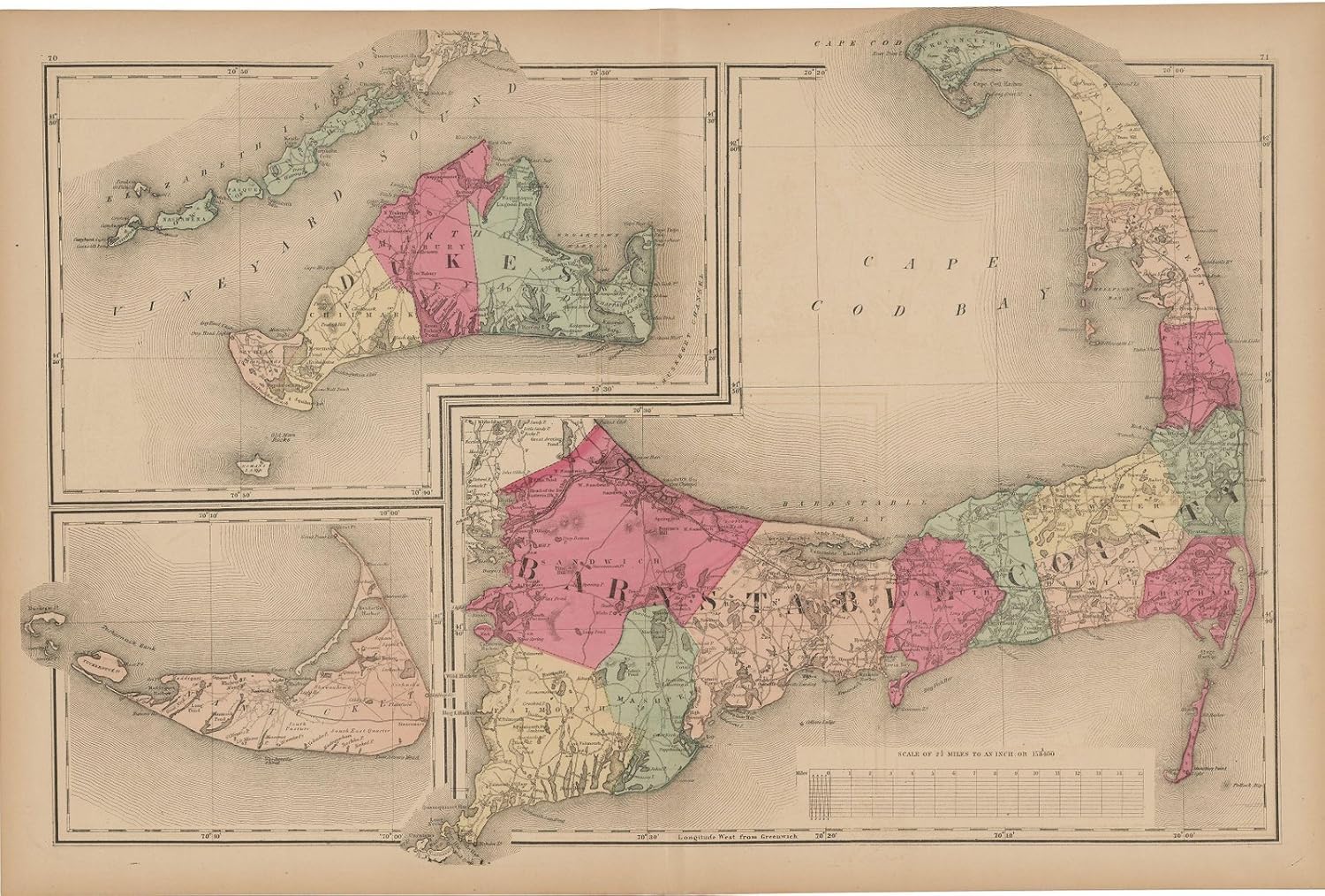 Amazon|歴史的な絵画地図 マサチューセッツ州公式 地形地図アトラス バーンスタブル & デューク & ナンタケット 1871