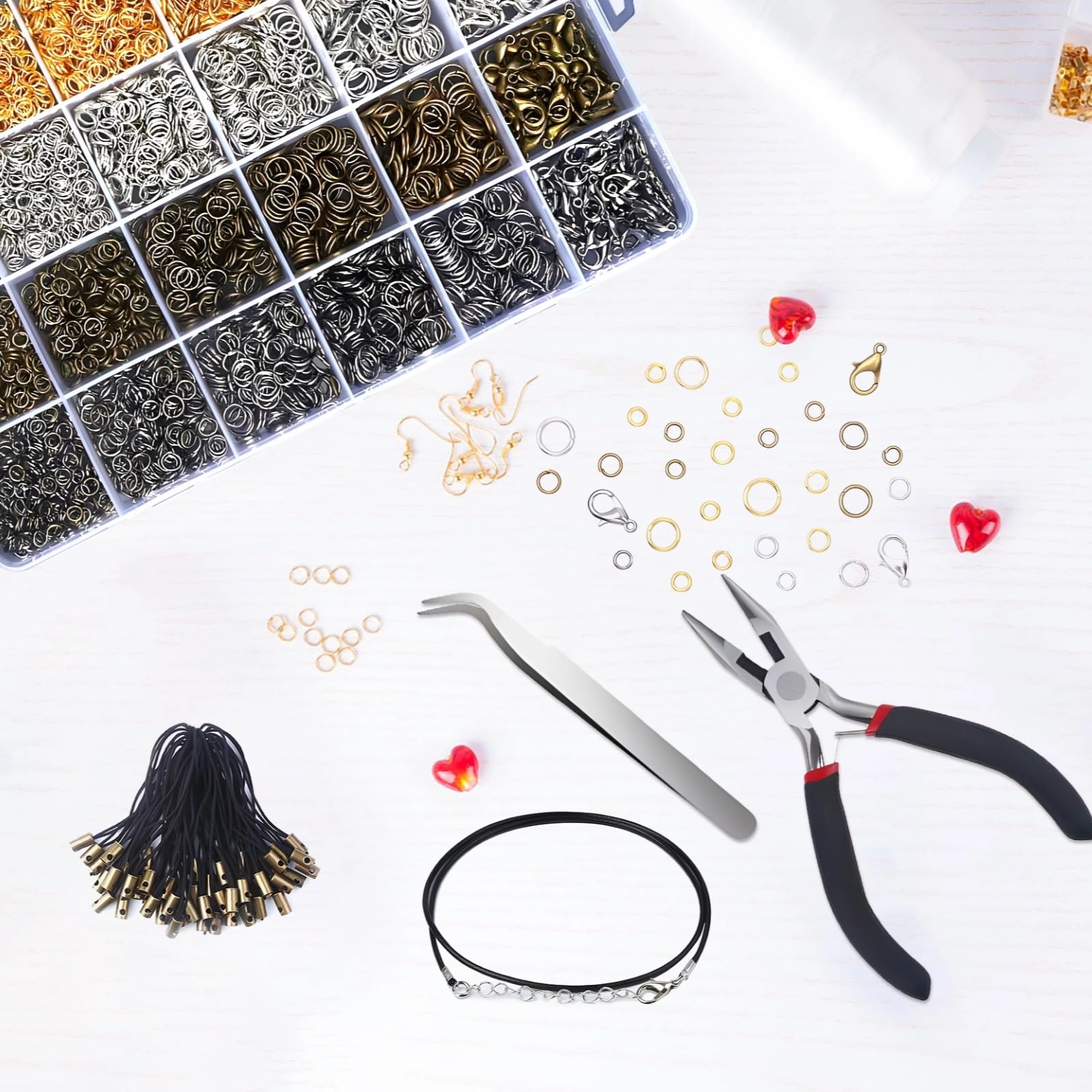 Biegeringe zur Schmuckherstellung mit offenen Ringen in 4 Farben, Schmuckzange, Ketten, Verschlüsse und mehr