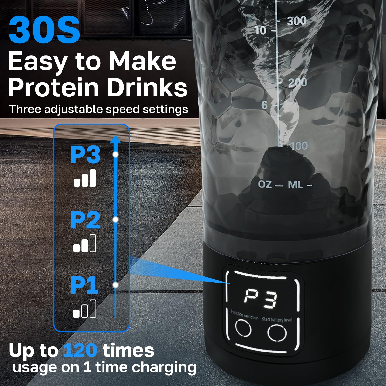 Bouteille shaker de protéines, rechargeable par USB pour boissons protéinées, gobelet mélangeur portable avec stockage de suppléments, 700 ml (noir)