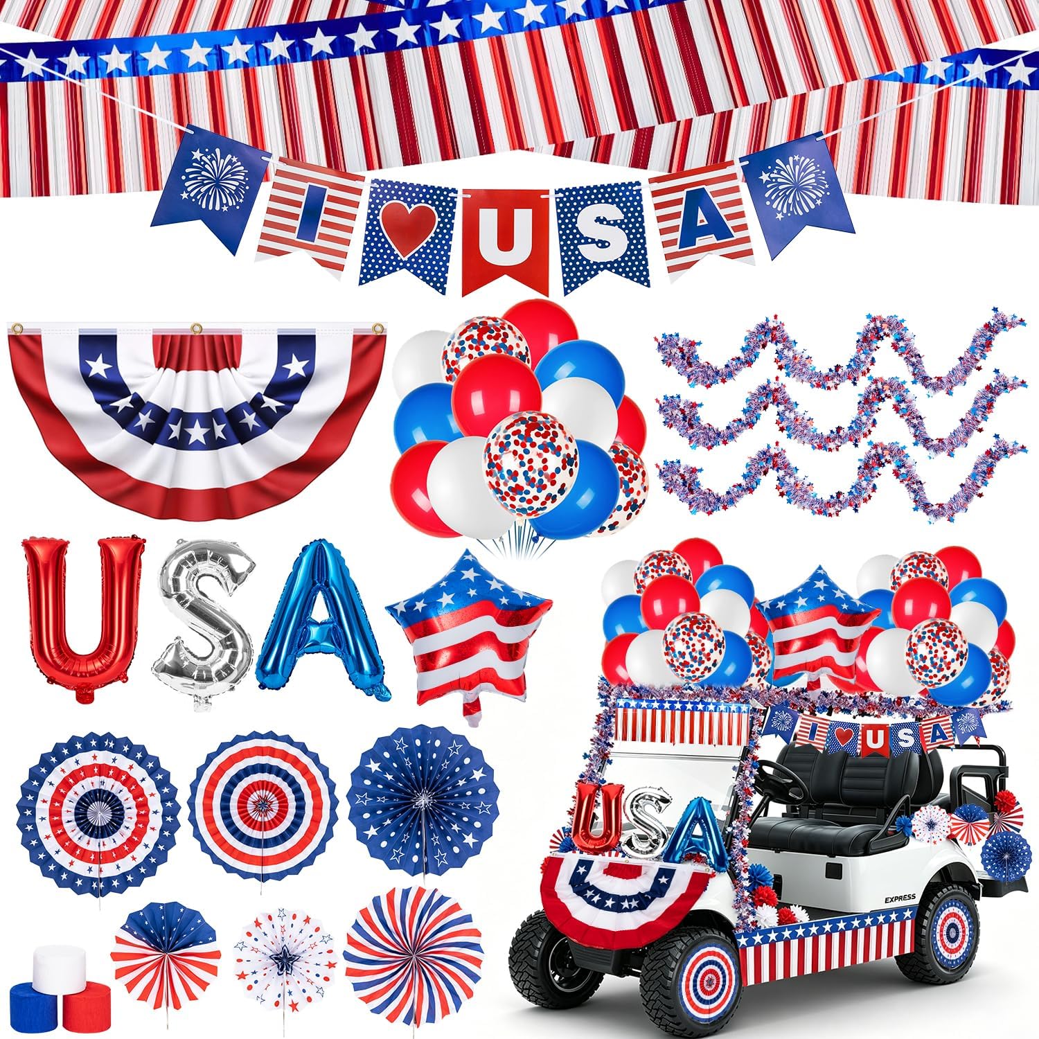 4th of July Golf Cart Decorations, USA 250th Anniversary Patriotic Parade Float Decor Set for Car & Boat, Includes Foil Balloons, Bunting Flag & Tinsel Garlands for Independence, Memorial or Flag Day