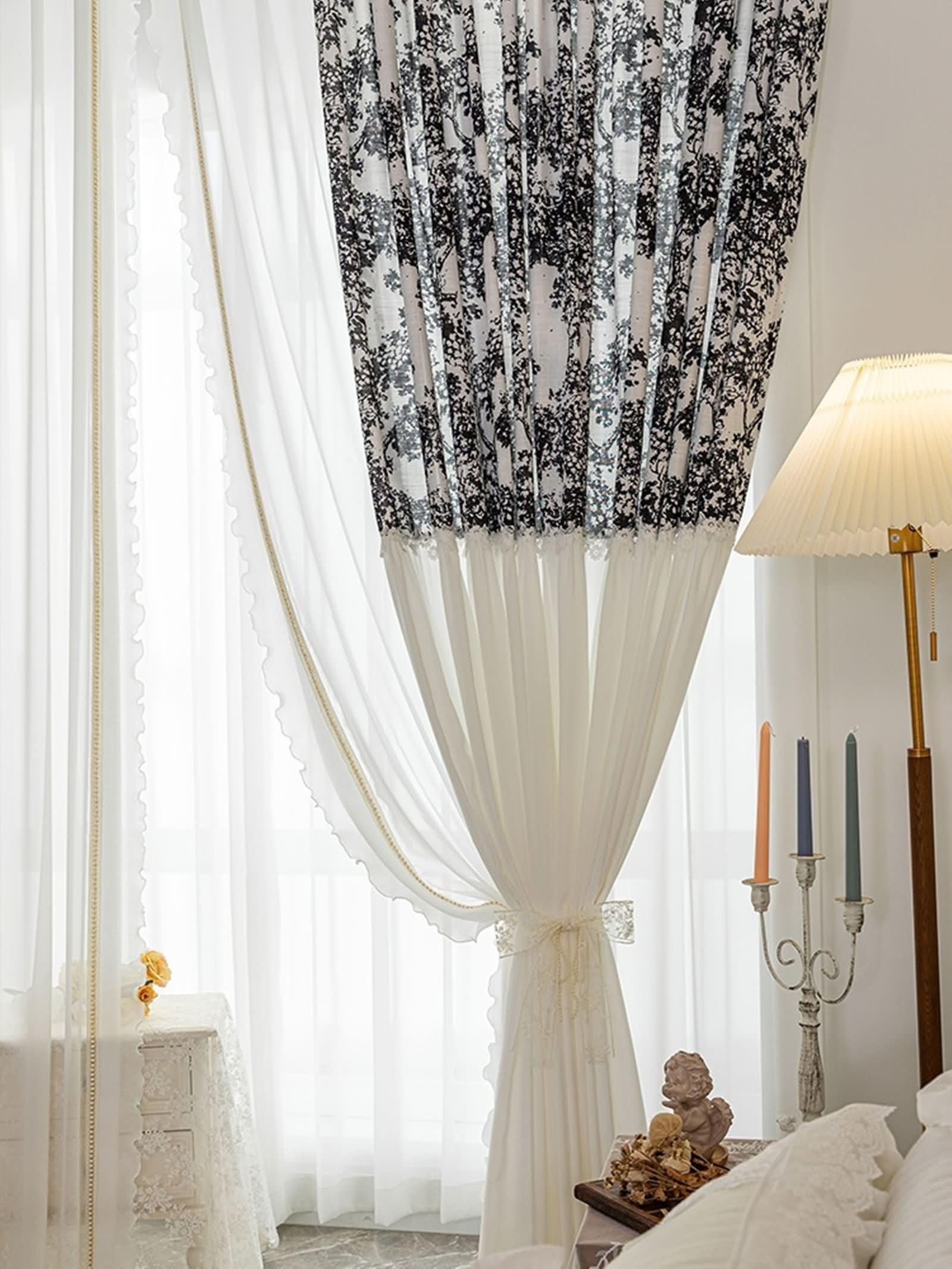 Daesar Rideaux Transparents Salon Lot de 2 Noir, Voilage Rideau à Oeillets Branches d'arbre Épissage Voilage Rideaux de Fenêtre pour Chambre, Noir 102x183CM