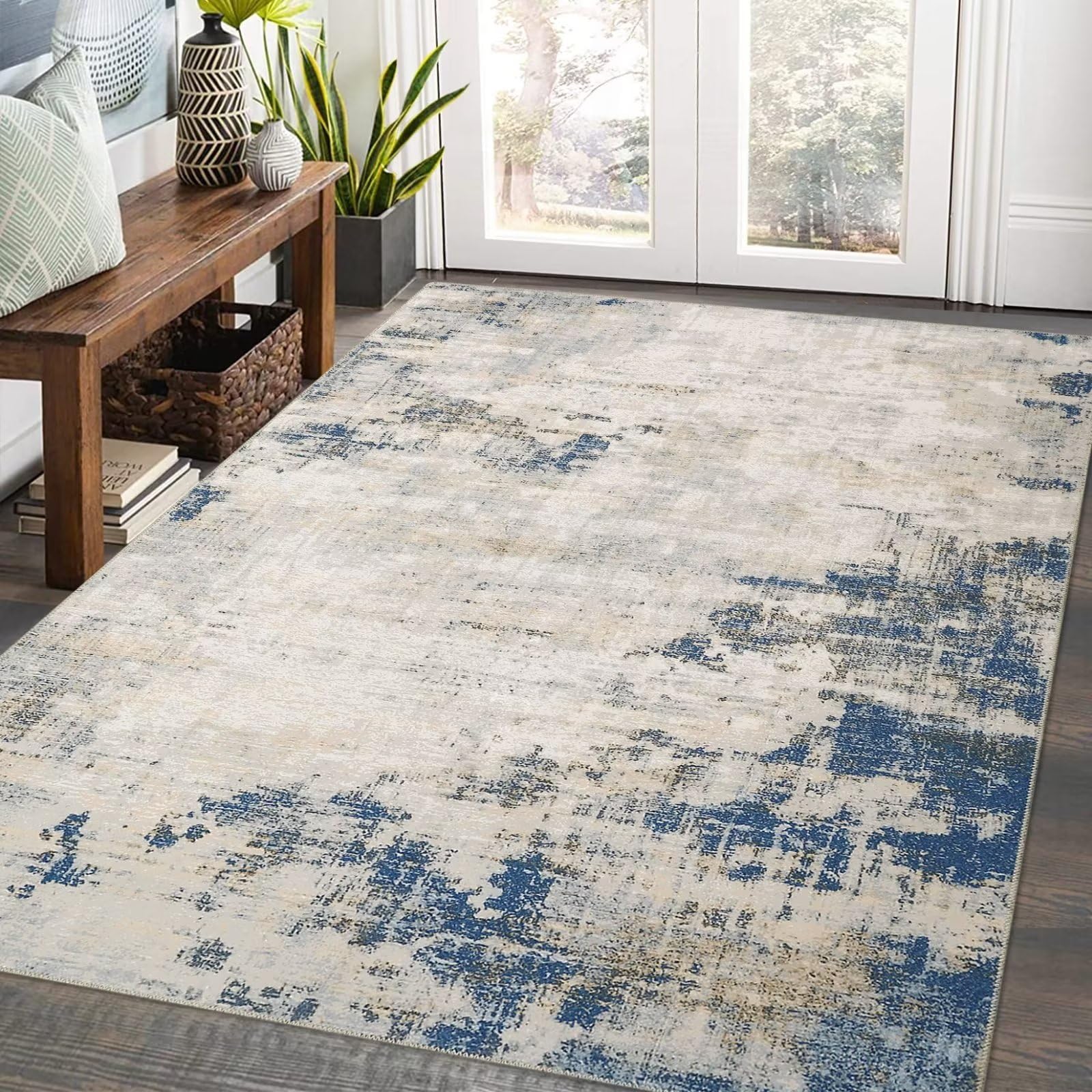 GlowSol Large Area Rug 8x10 Washable Rug Modern Abstract Area Rug Non Shedding Indoor Floor Carpet Throw Rug Moroccan Fluffy Rug Ultra-Thin Rug for Bedroom Living Room, Blue/Yellow