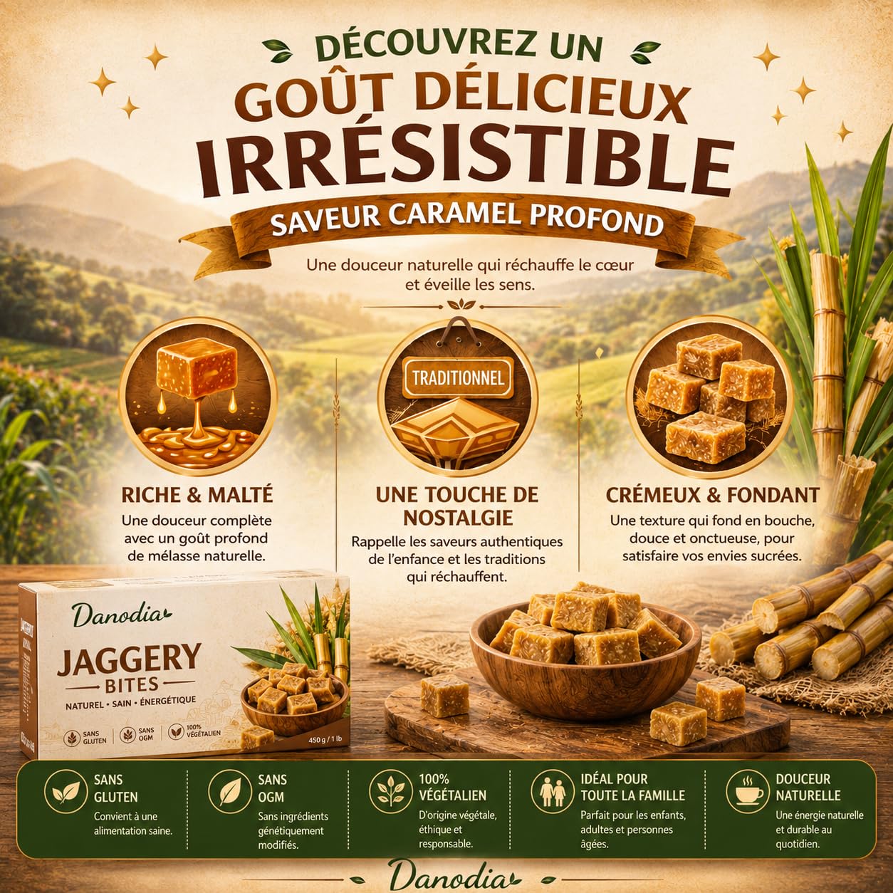 Danodia Foods Bouchées de Jaggery 450 g / 0,99 lb | Sucrant traditionnel indien non raffiné en petits carrés | Alternative au sucre blanc | Pour thé, lait, desserts et pâtisserie
