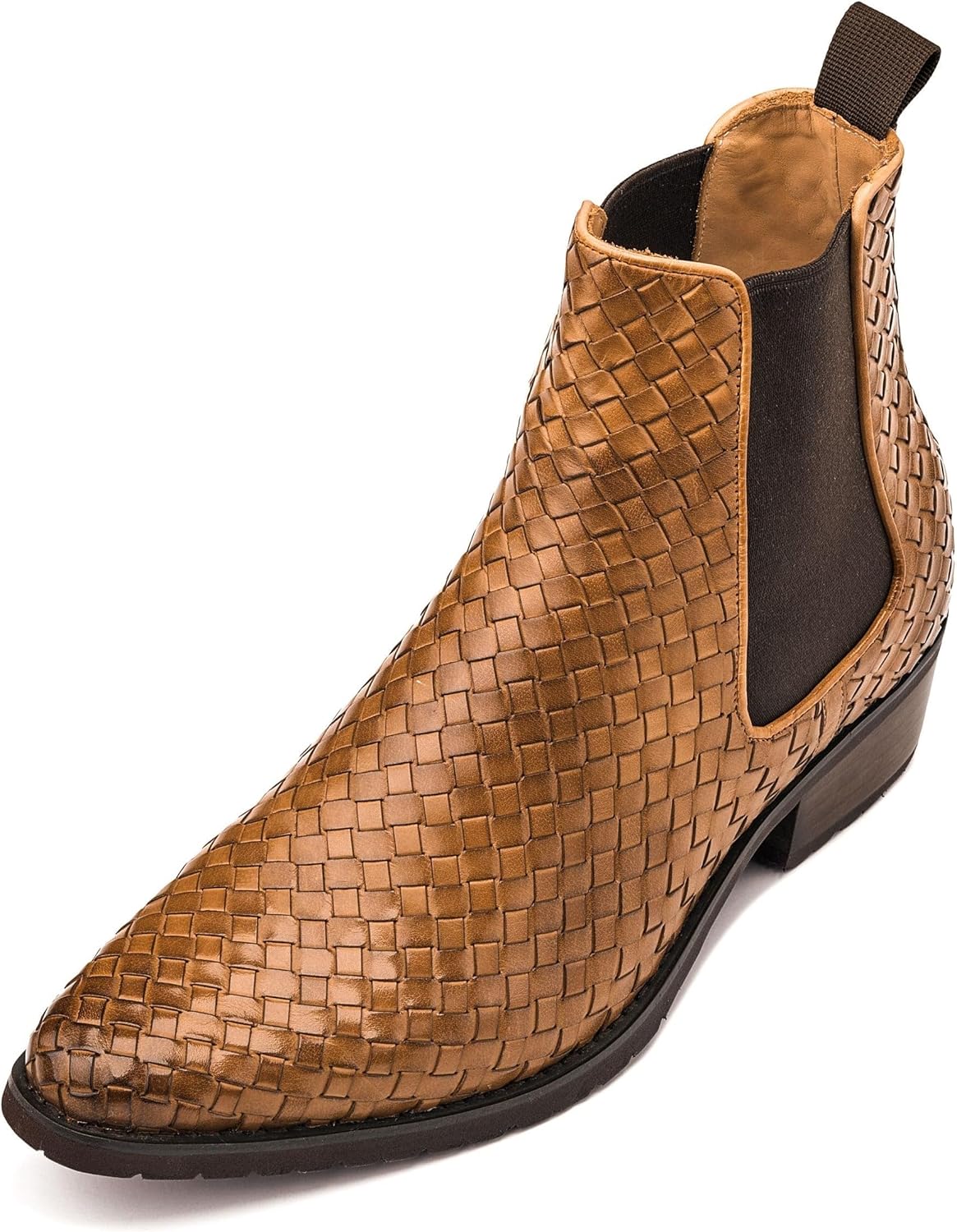 CALTO Men's Invisible Height Increasing Elevator Shoes - Brown Premium Leather Woven Slip-on Chelsea Ankle Boots - 3.3 Inches Taller - K30522 - Size 12 D(M) US