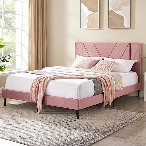 Miniatura 7 de Flolinda Base de cama tamaño Queen con cabecero tapizado de terciopelo con listones de resortes, moderno marco de cama Queen, base de colchón, fácil