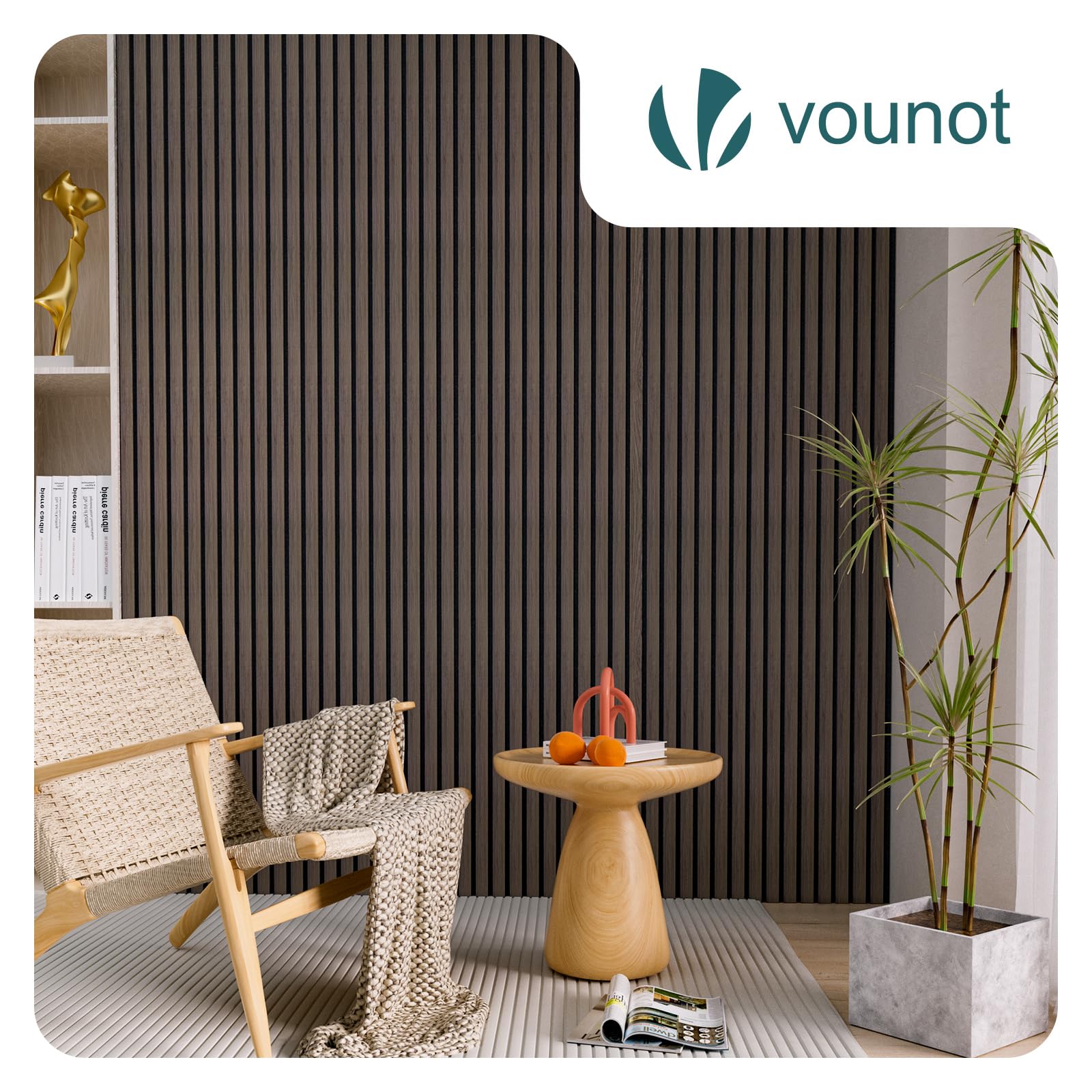 VOUNOT® Set da 4 Pannelli Fonoassorbenti 120x60x2,1 cm in MDF con Feltro di Poliestere Ignifugo, Pannelli Acustici da Parete 3D Isolamento Acustico per Soggiorno, Camera e Ufficio, Rovere Scuro