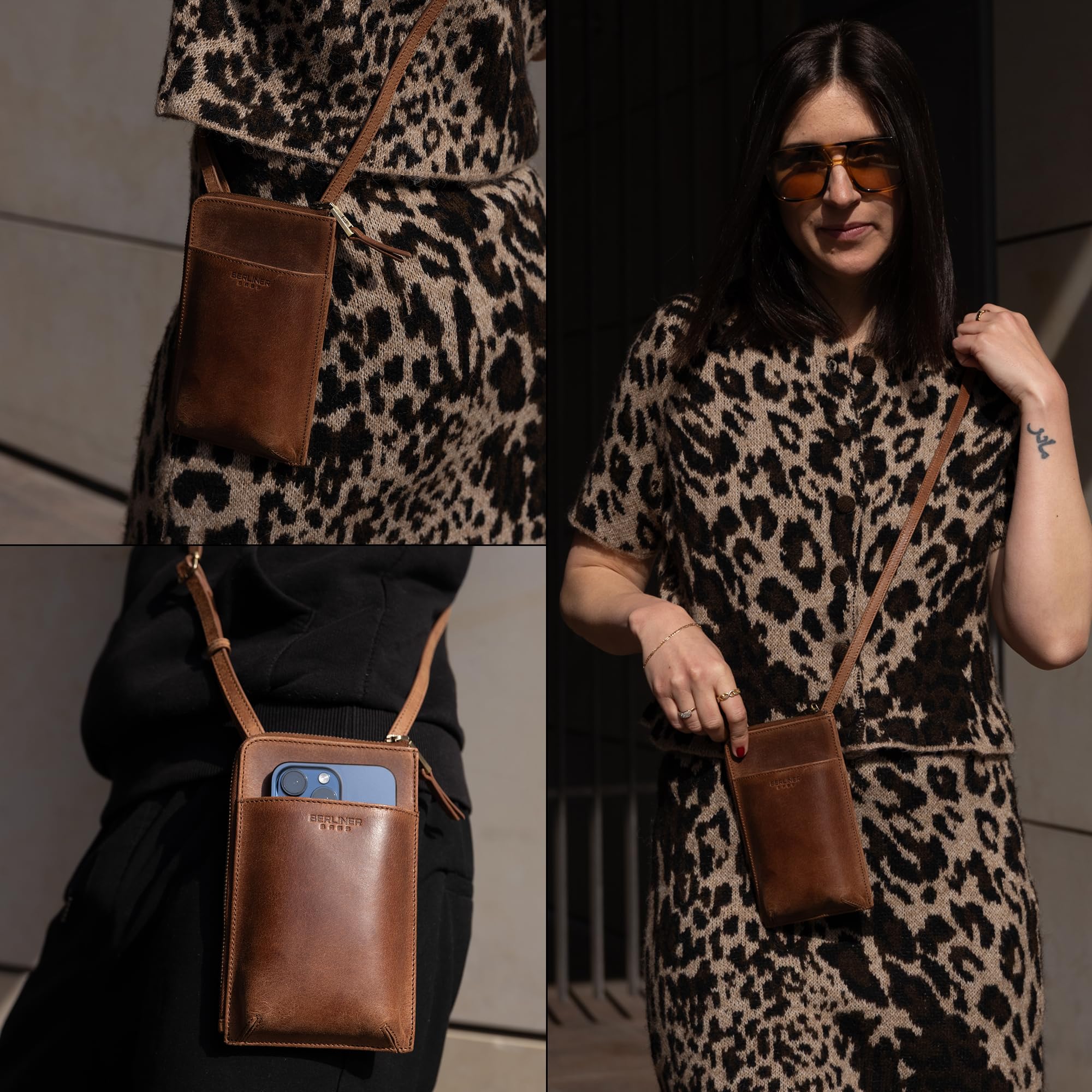 Berliner Bags Kim Bolso Bandolera de Piel Auténtica con Compartimento para Móvil y Tarjetas para Mujer y Hombre, Pequeño, Elegante y Práctico