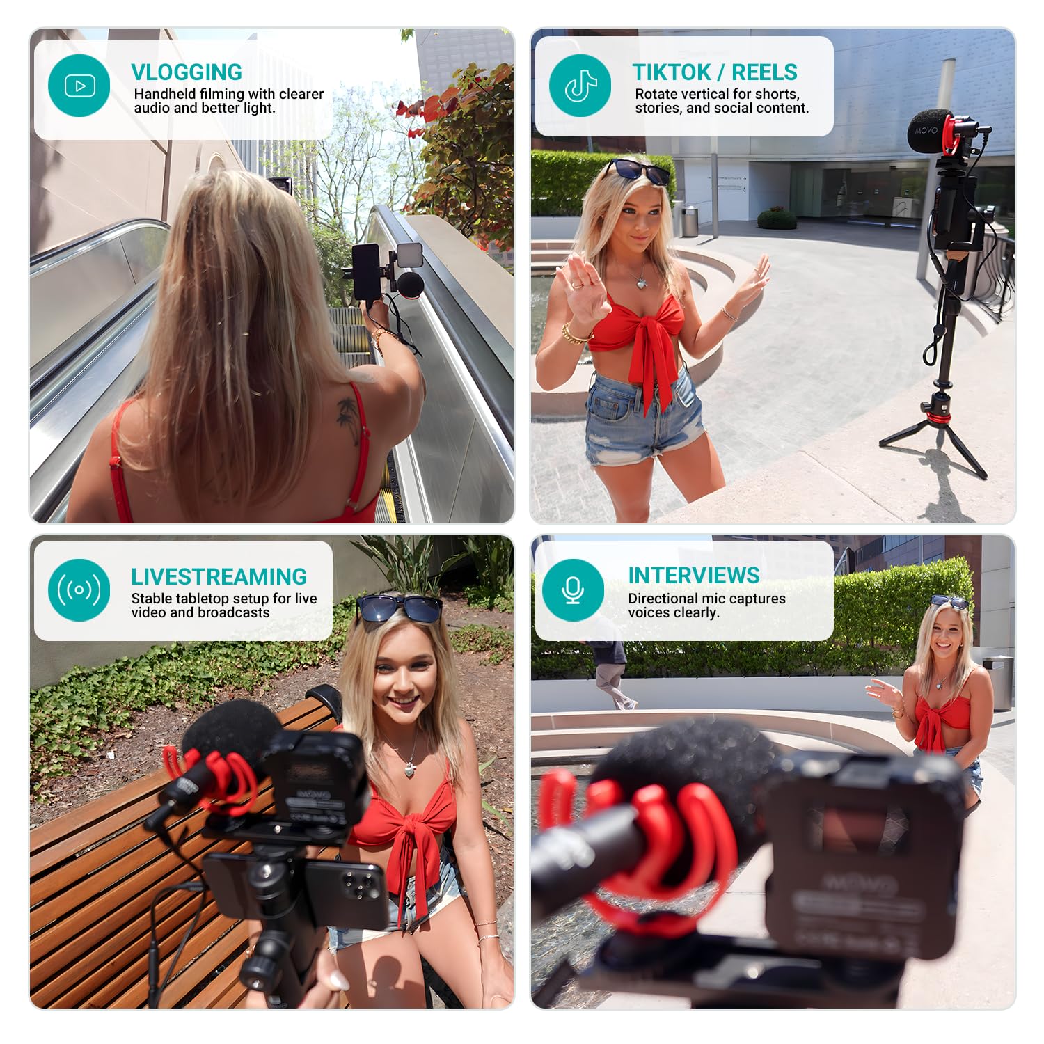 Movo iVlogger-Pro Kit de vlogging avec trépied Complet pour iPhone/Android Youtube Starter Kit pour créateurs de Contenu, Accessoires : trépied de téléphone, Support de téléphone, lumière RVB et