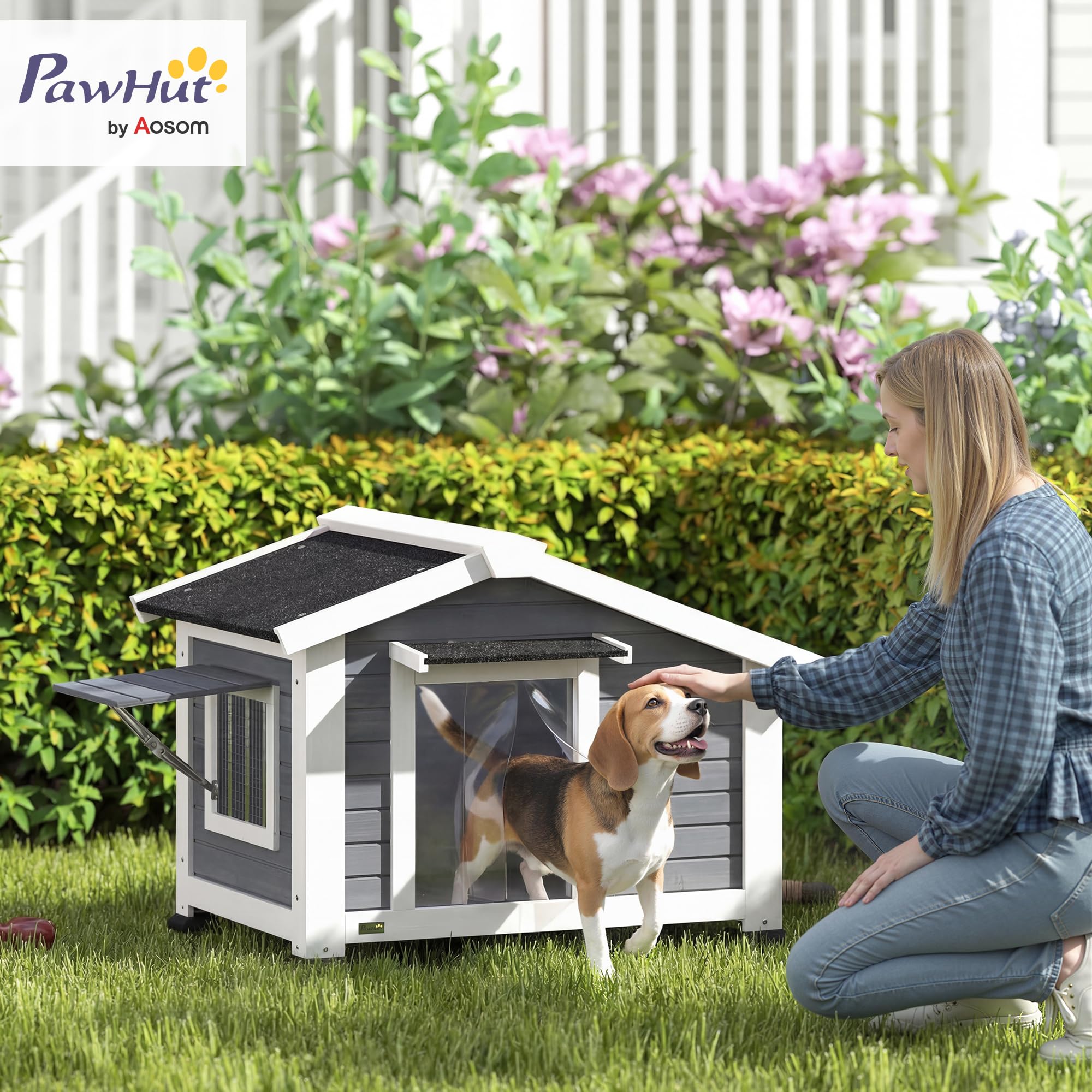 PawHut Hundehütte Wetterfest für Mittelgroße Hunde 98 x 76 x 69,5 cm Grau | Hundehaus aus Holz, Herausnehmbarer Boden, Asphaltdach, Öffnendes Fenster, Türvorhang, bis 20 kg, Indoor Outdoor