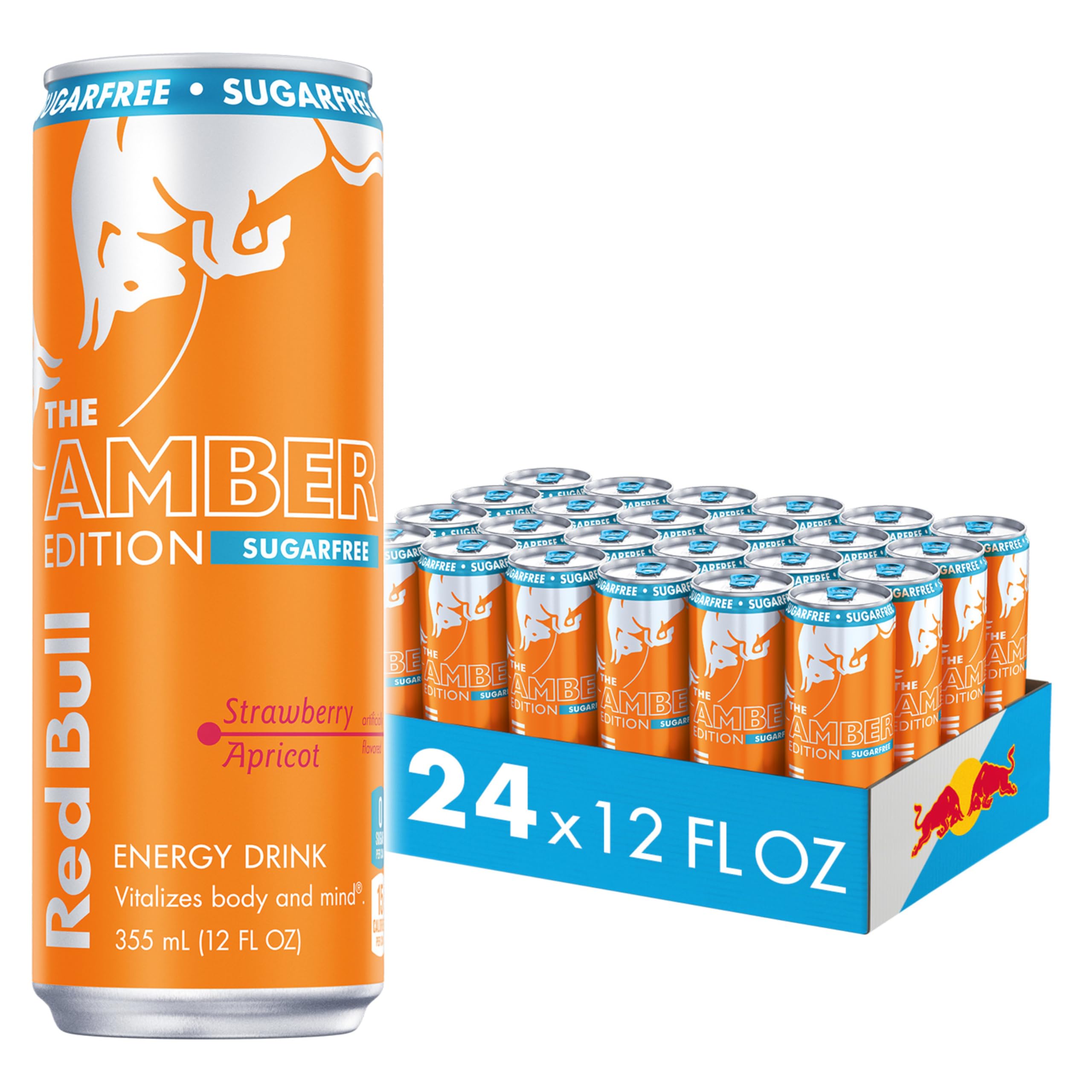 Red Bull Amber Edition Sugar Free Energy Drink, Strawberry Apricot, with 114mg Caffeine plus Taurine & B Vitamins, 12 Fl Oz, Pack of 24 Cans