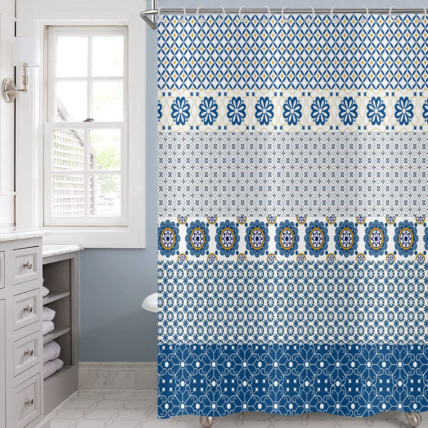 Rideau de douche bleu et jaune 180x180 cm en polyester style mosaïque marocaine