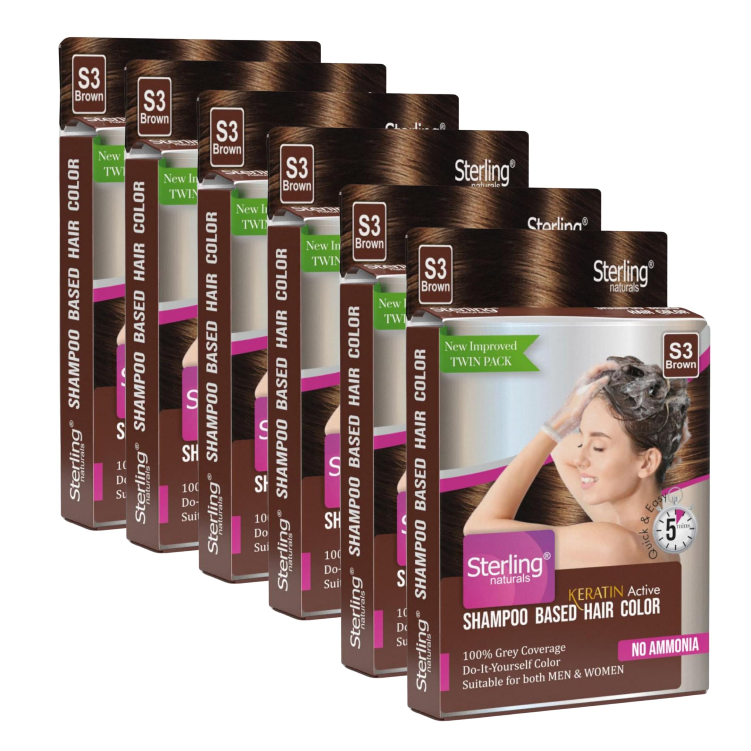 Hair Colour Shampoo for Men and Women, PPD and Ammonia Free Hair Color, Permanent Hair Dye Shampoo with 100% Grey Coverage, Color Hair in 5 Minutes, (Brown, Pack of 6)