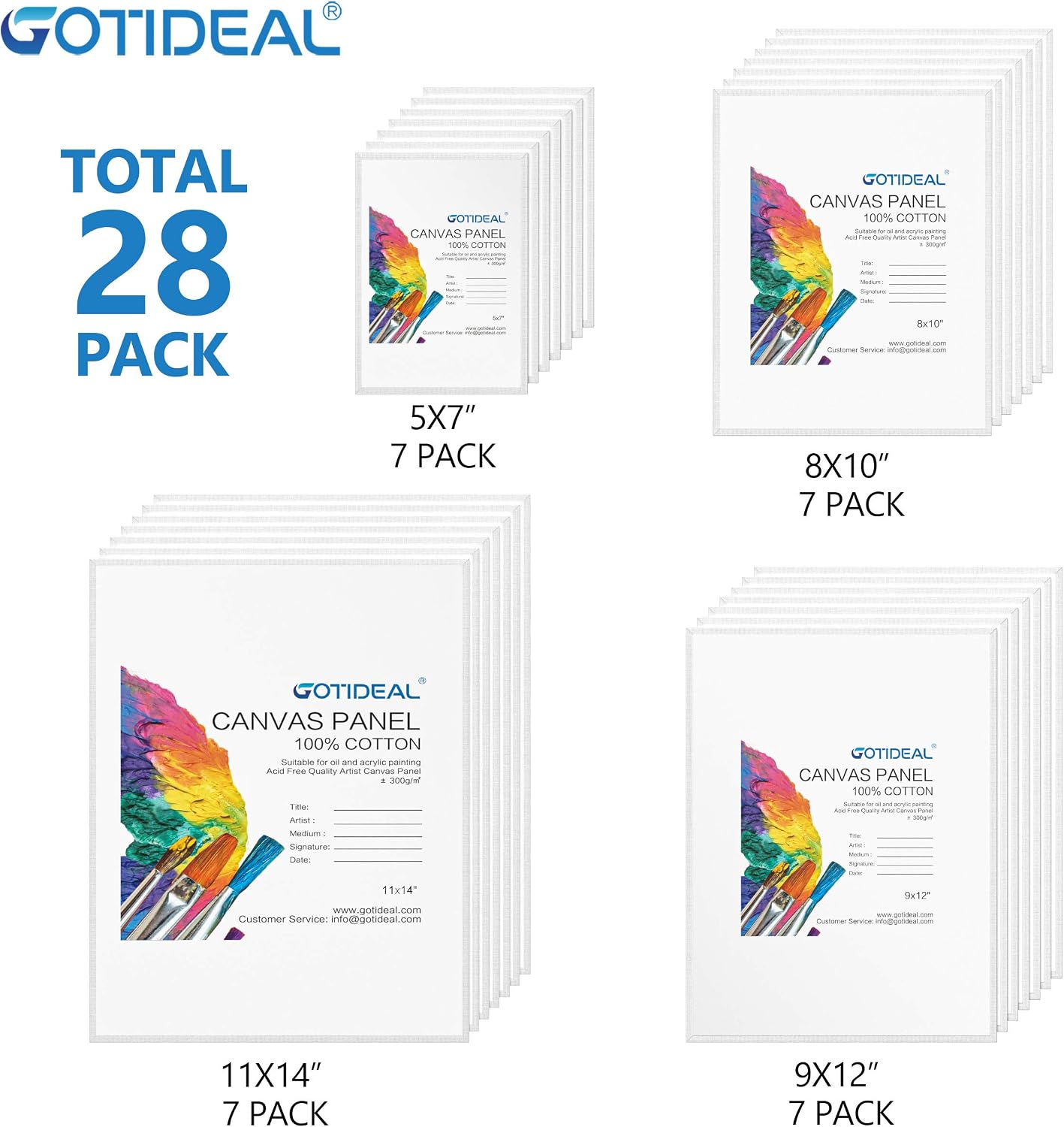 GOTIDEAL Canvas Boards for Painting Multi Pack, Primed 5x7", 8x10", 9x12", 11x14" Set of 28, White Blank Canvas Panel- 100% Cotton Artist Canvases Pack for Painting, Acrylic Paint, Oil, Watercolor