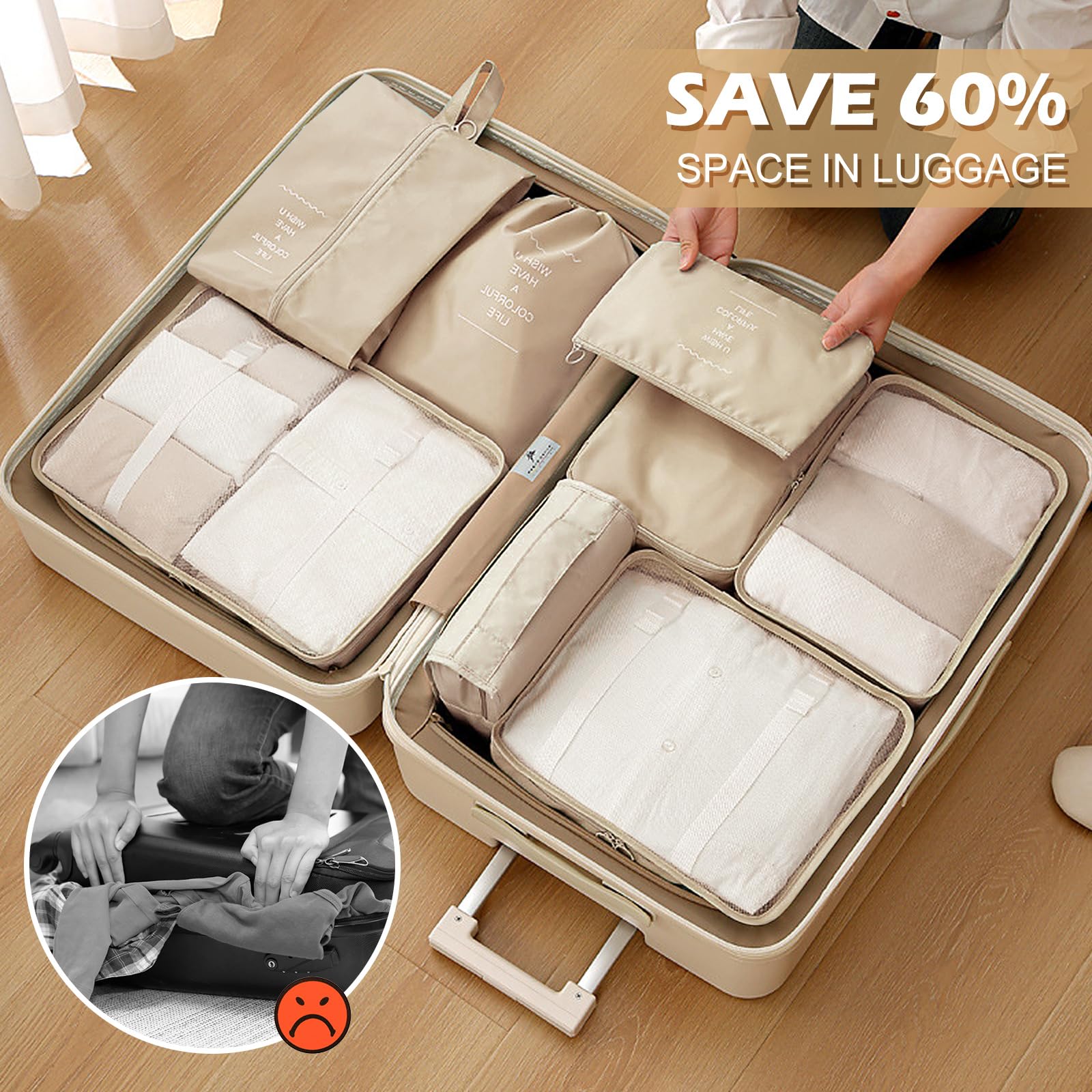 Koffer Organizer Set 13-teilig, Wasserdicht Packing Cubes, Multifunktionale Travel Packwürfel, Kofferorganizer Packtaschen für Koffer, Reise Organizer Set Mit Kleidertaschen (Beige)