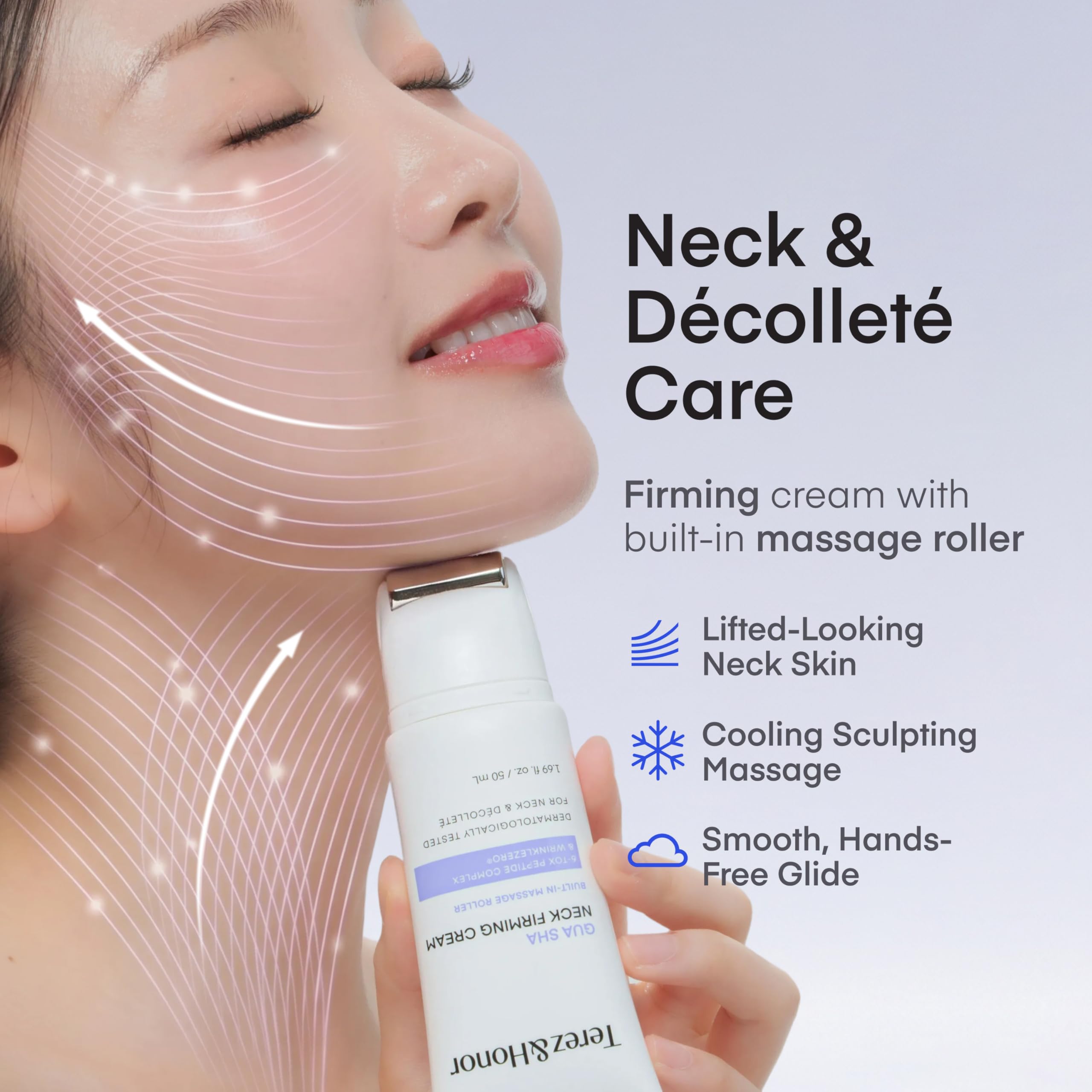 TEREZ & HONOR Gua Sha Neck Firming Cream: Korean Skin Care, Retinol, Collagen & GHK-CU Copper Peptide - Tightening & Lifting for Neck, Face & Décolleté with Built-In Massage Roller 50mL