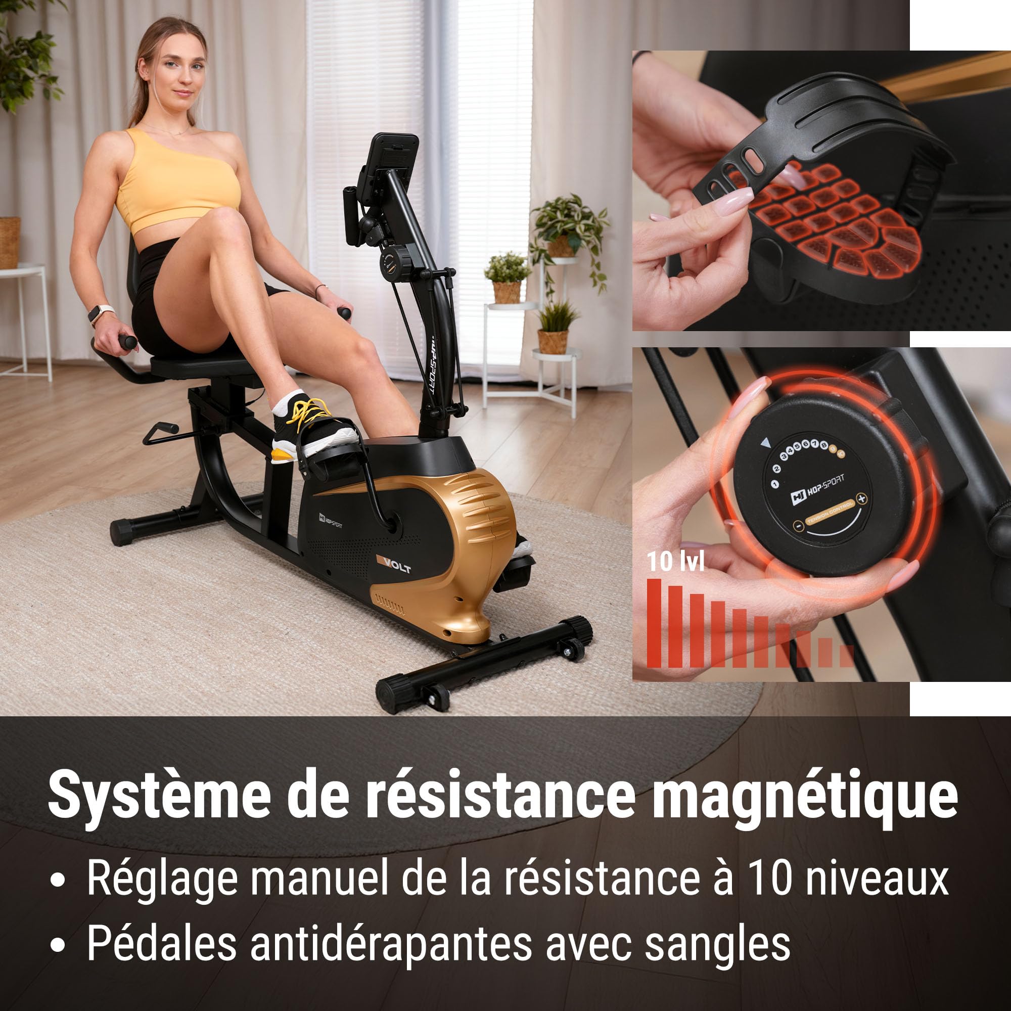 HOP-SPORT Vélo d'Appartement Semi-allongé Volt HS-045L, Résistance Magnétique 10 Niveaux, Max 110 kg