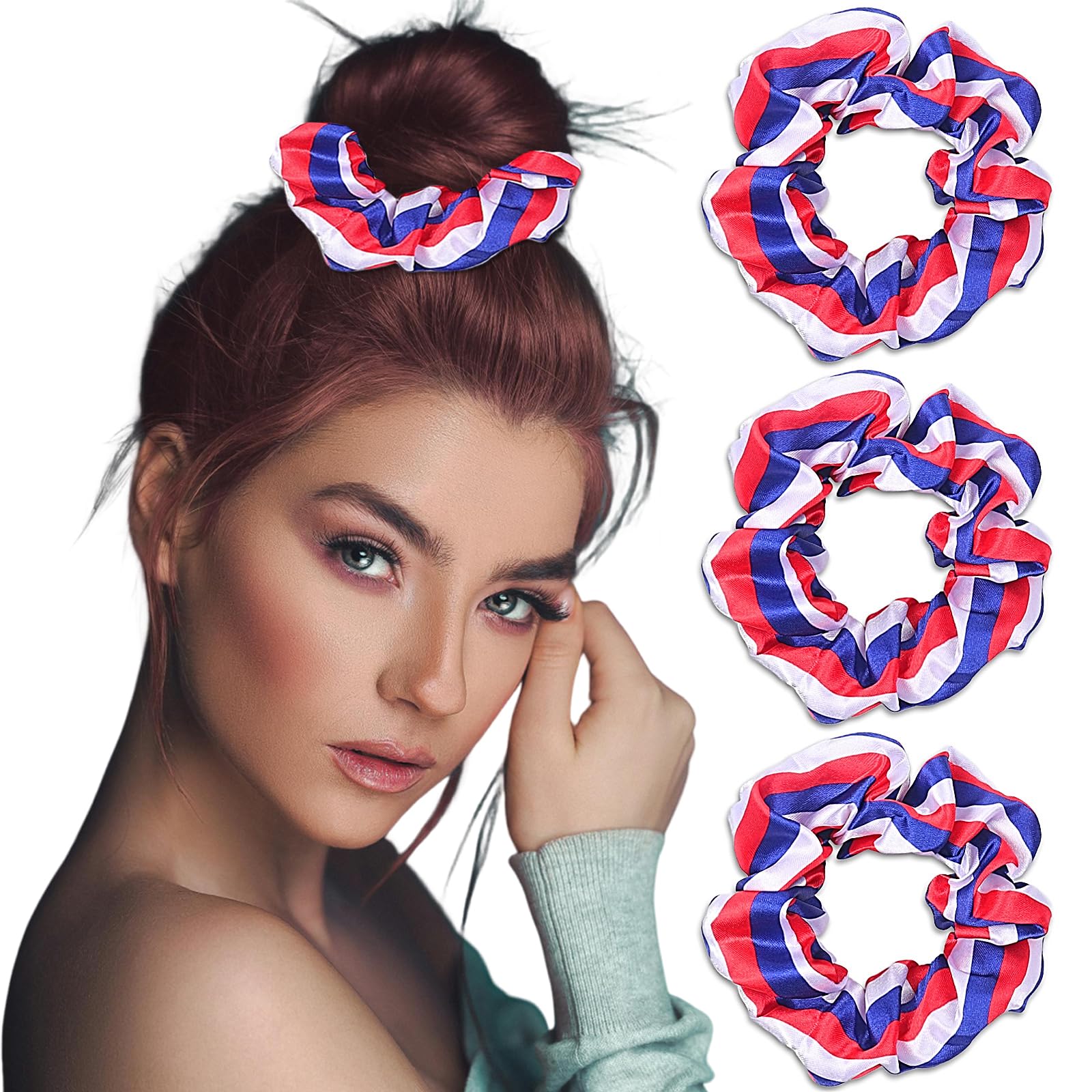 3 Pieces Patriotic Hair Scrunchies for Women Girls American Flags Hair Ties 4th of July Red White and Blue Scrunchies Soft Elastic Hair Bands Ponytail