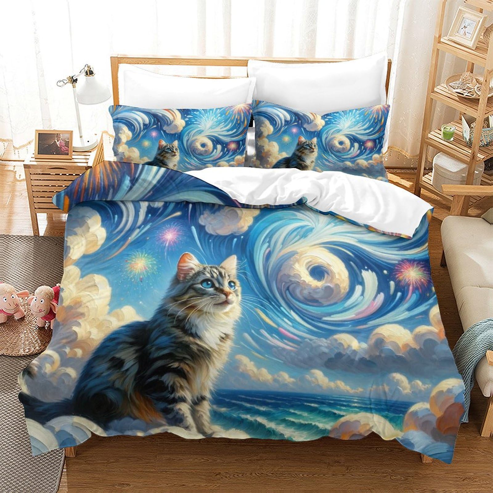 Housse de couette chat 3D microfibre 260x220 parure de lit 3 pièces zippée pour ado et enfant