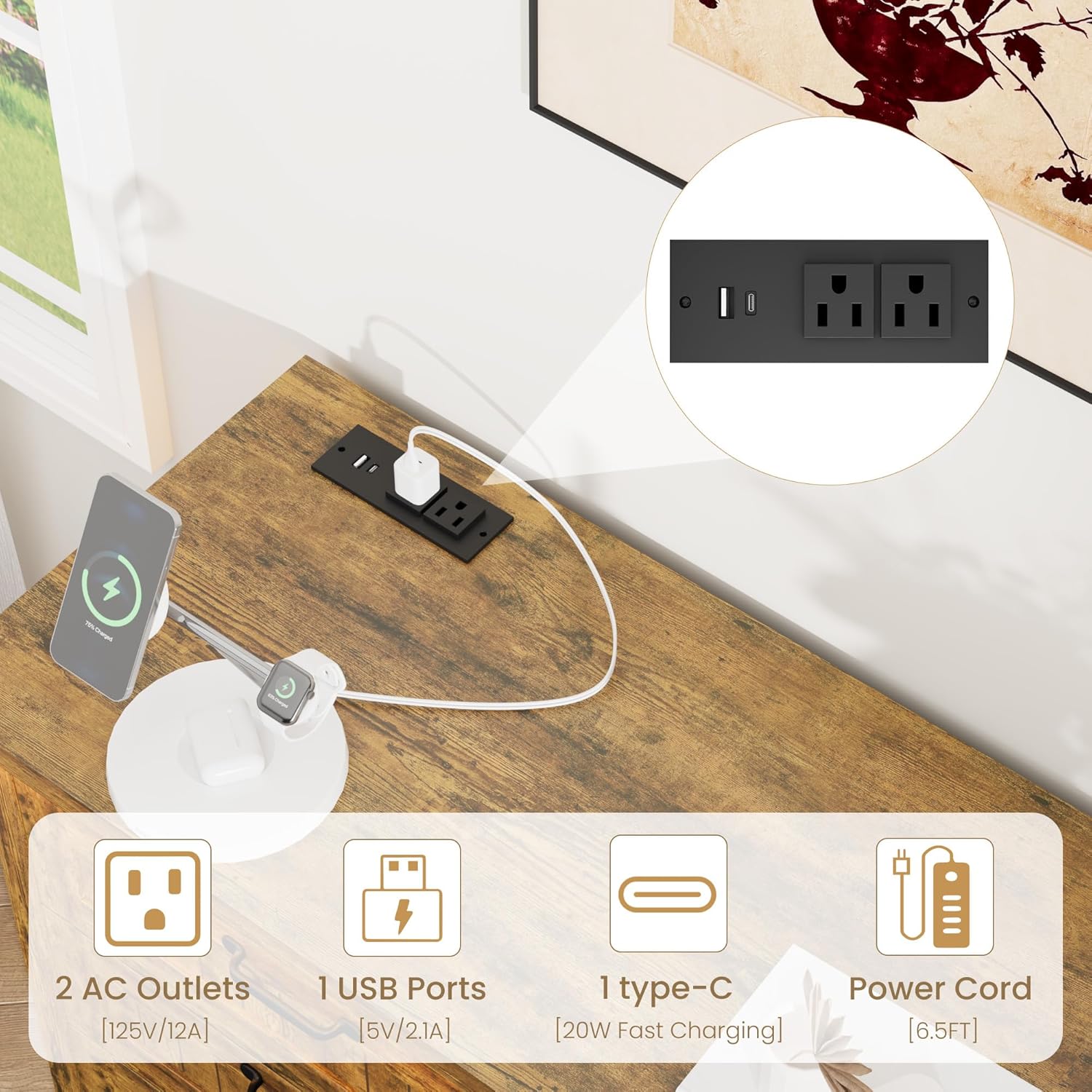 IDEALHOUSE 6 Drawer Dresser with Power Outlet, Rustic Brown Dresser with LED Light, Modern Chest of Drawers for Closet, Double Wide Drawer Organizer Cabinet for Bedroom, Living Room