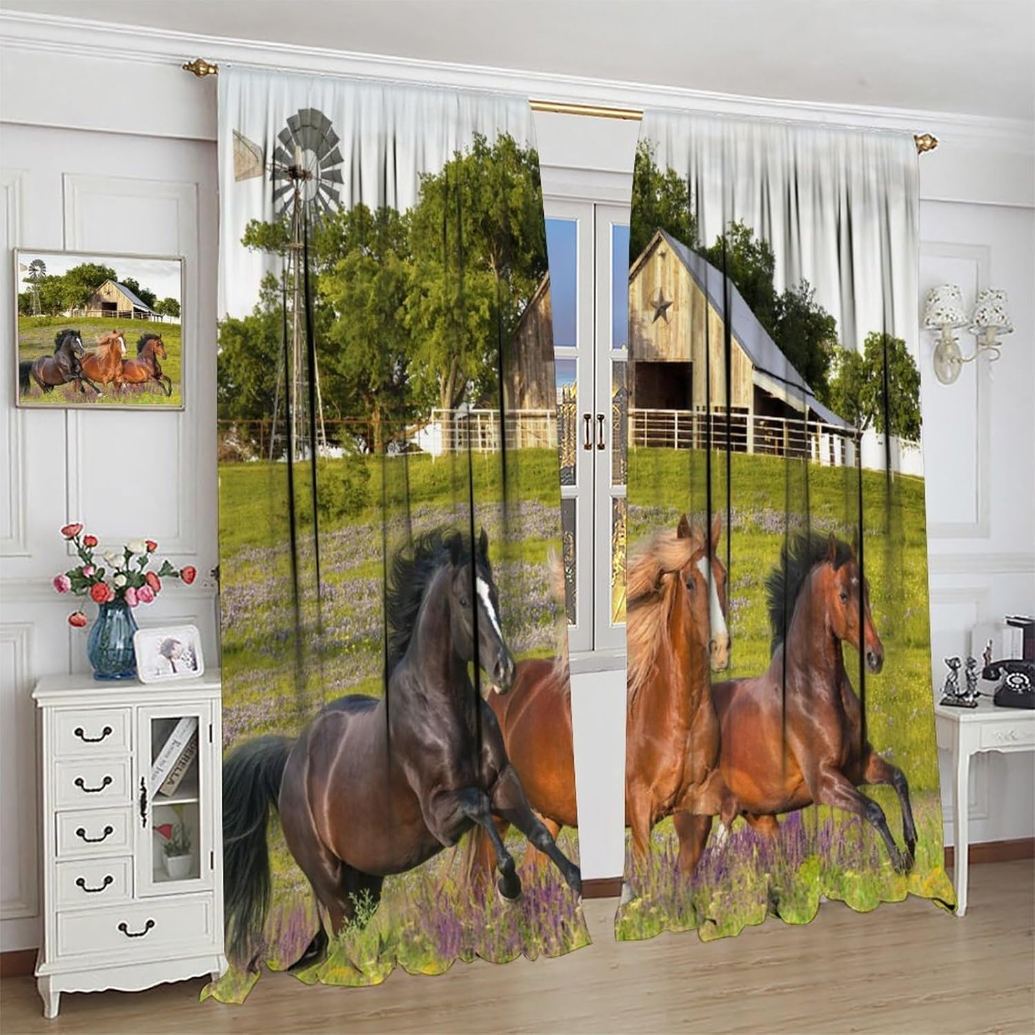 JESTRONRY Rustic Farmhouse Horse Window Curtain, Vintage Country Running Horses Barn House Texas Windmill Farm Animal Theme Window Treatments Bedroom Living Room Curtain 42x45 Inch Blackout