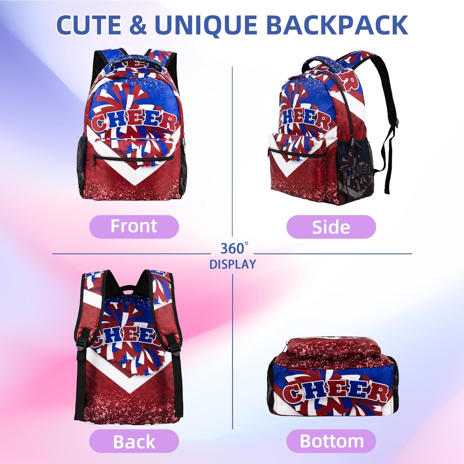 Cheer Backpack for Cheerleaders, Cheerleader Backpack for Women, Cheerleading Gifts for Teams (Blue&Red) - Image 2