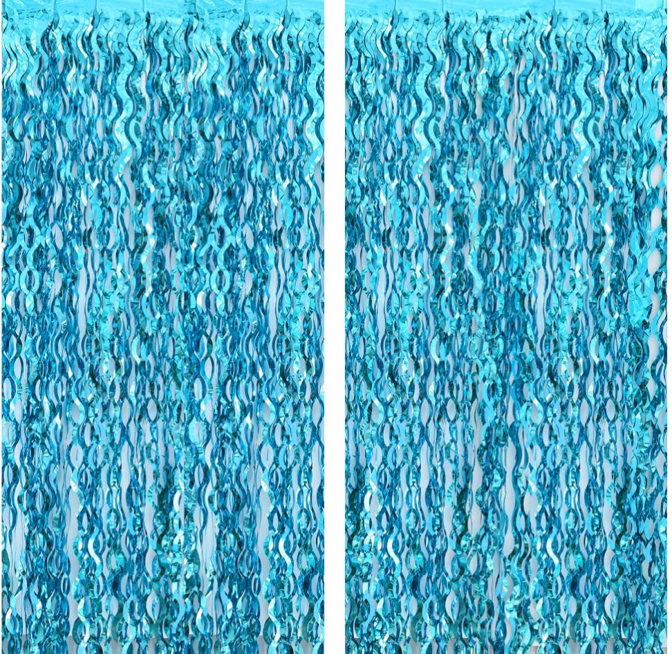 Katchon, Xtralarge Wavy Blue Foil Fringe Curtain - Pack of 2 | Blue Streamers for Under The Sea...