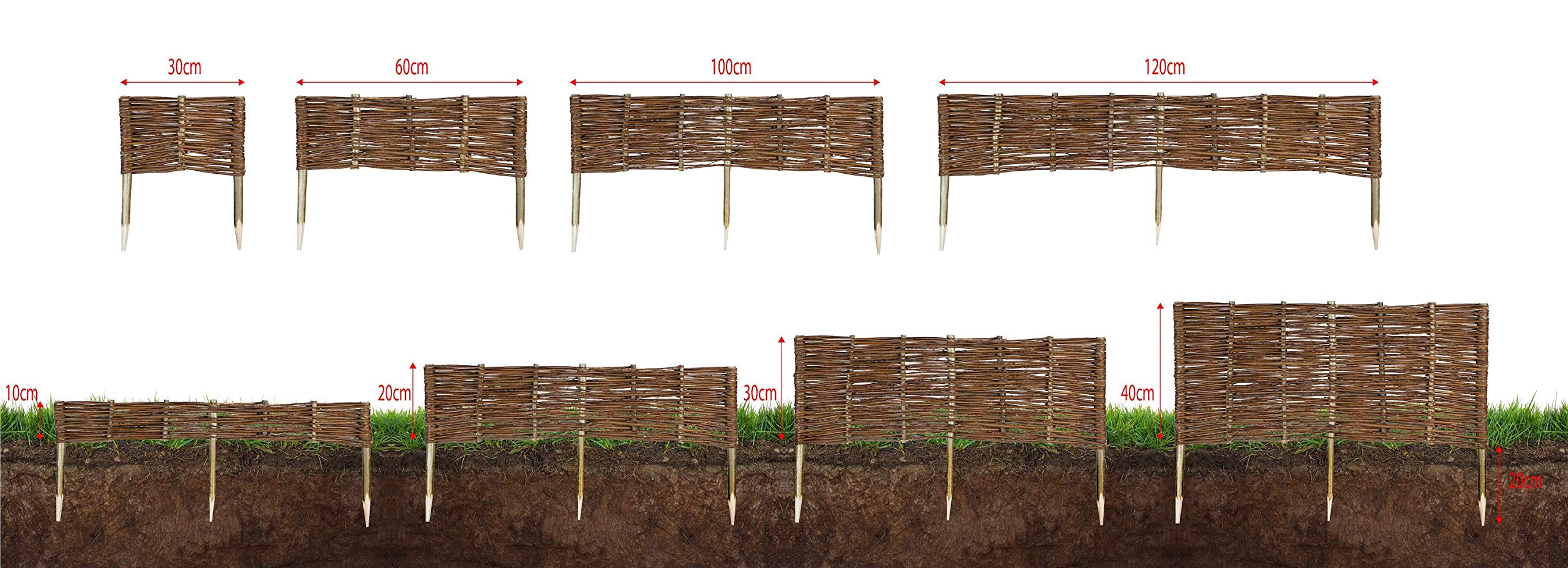 10 x Bordura da Giardino in Vimini - 20 cm x 30 cm – Steccato Decorativo, Bordo per Aiuole, Prato e Orto, Recinzione con Pioli in Faggio per Fiori, Verdure e Sentieri