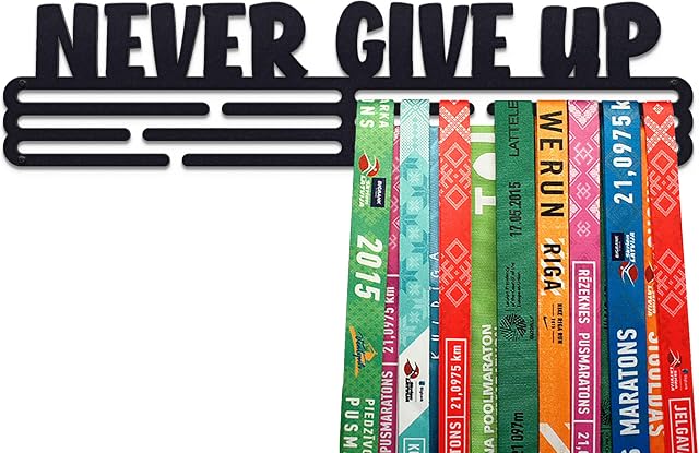 United Medals Never Give Up Sports Medal Hanger Display | Steel Holder Rack | Wall Mount Frame