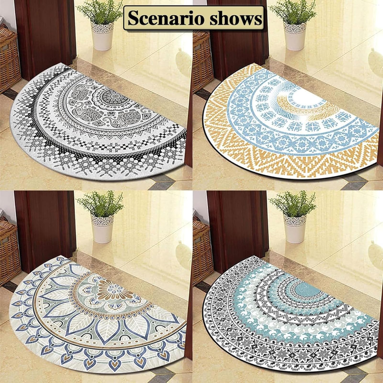Boho Mandala Fußmatte, halbrund Fußmatte, für den Innen- und Außenbereich, rutschfest, saugfähig, waschbar, halbrund, Fußmatten für Zuhause, Küche, Badezimmer (Schwarze Blumen,70 * 120cm)