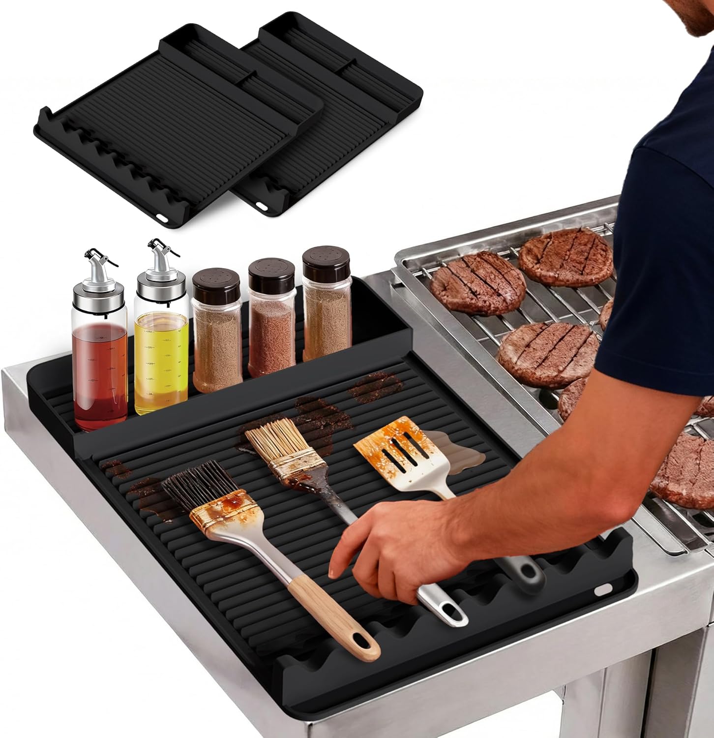 2Pack Silicone Grill Mat for Blackstone - 16x11.5 Inch Non-Slip Tool Mat with Sauce Drip Pad & Wavy Grip, Outdoor BBQ Accessories & Gifts for Men, Dad, Grilling (Black)