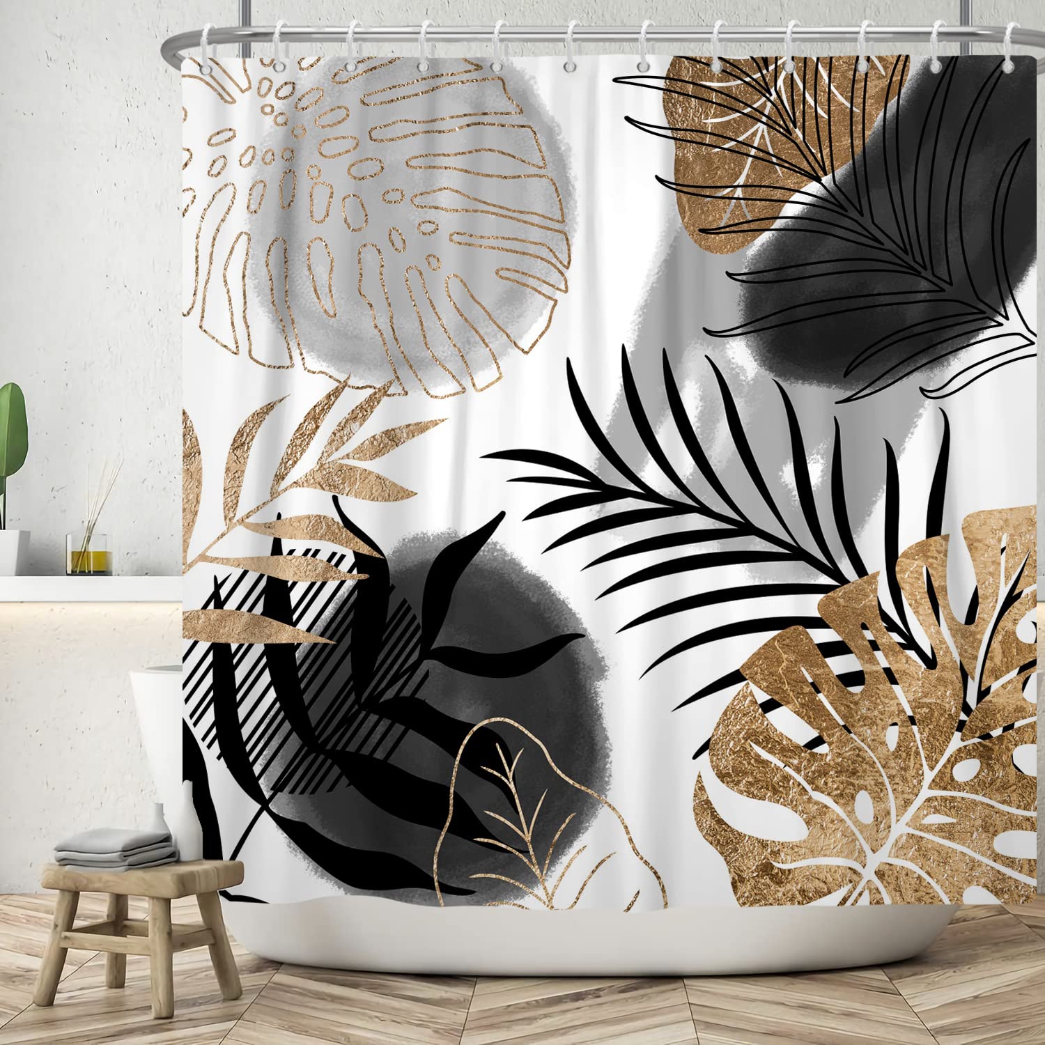 Ttincceer Boho Cortina de Ducha 152x183cm Abstracto Negro Oro Hojas de Palma Cortinas de Ducha para baño Bohemia Mediados de Siglo Hojas Tropicales Cortinas de baño con Ganchos