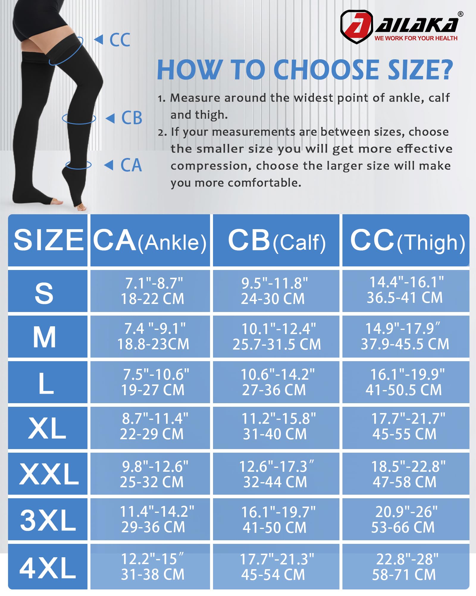 Ailaka Bas de Compression Médicale 20-30mmHg à Bout Ouvert Femme & Homme, Longs jusqu'en Haut de la Cuisse, Bande de Silicone Antidérapante, Soulagement Varices, Œdème, Jambes Lourdes